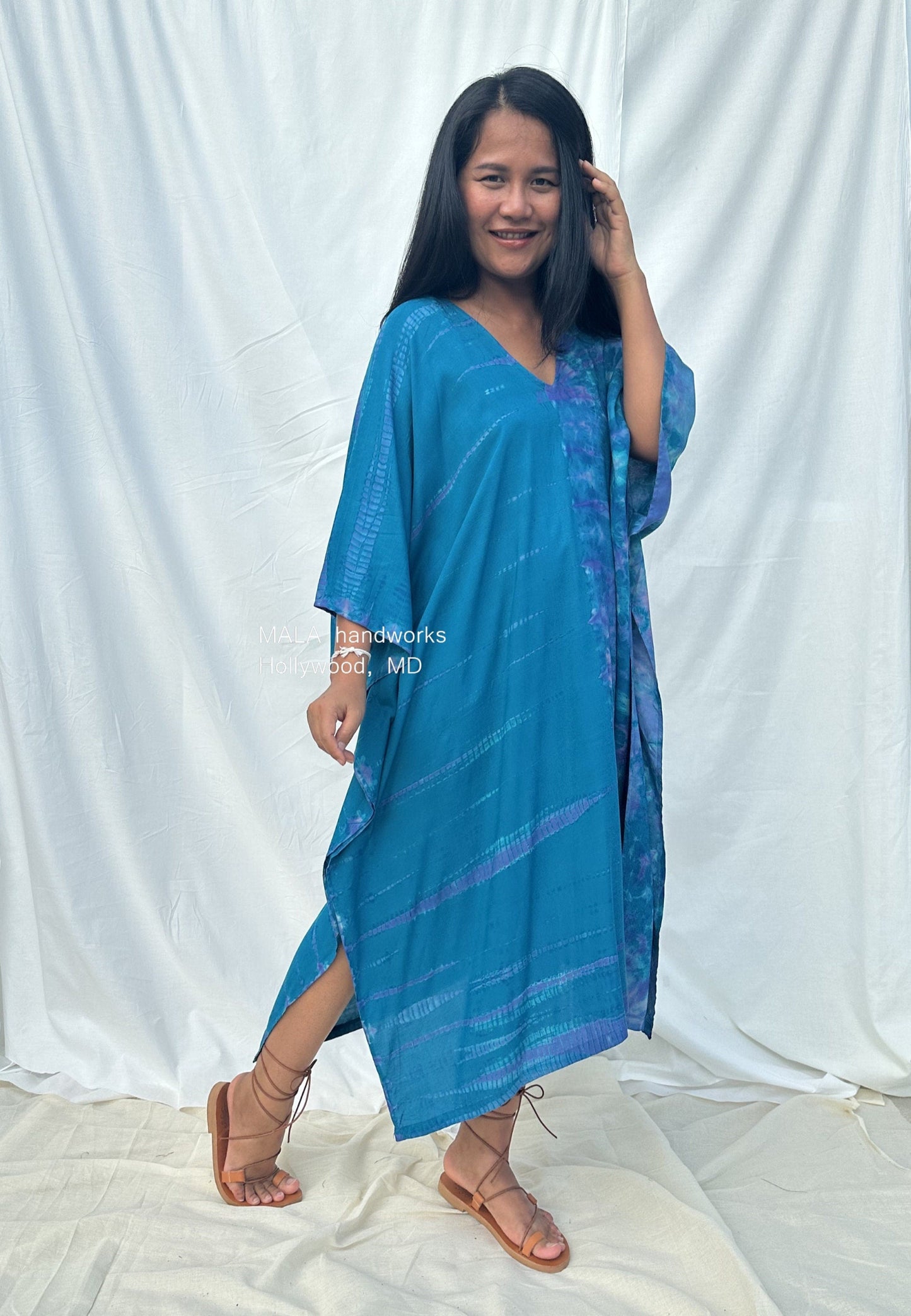 MALA handworks Fiona Midi Kaftan in Blue Aqua and Purple Tie Dye