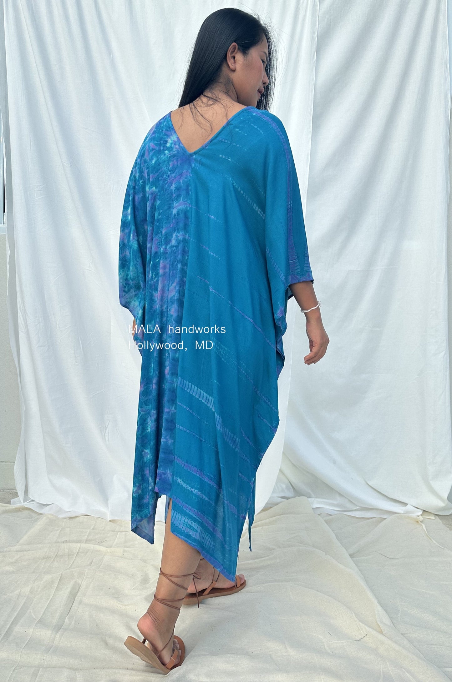MALA handworks Fiona Midi Kaftan in Blue Aqua and Purple Tie Dye