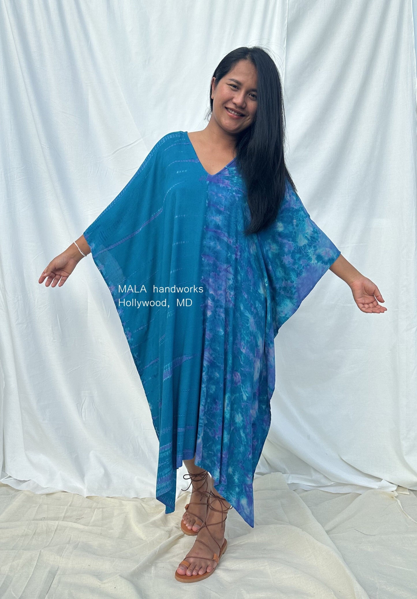 MALA handworks Fiona Midi Kaftan in Blue Aqua and Purple Tie Dye
