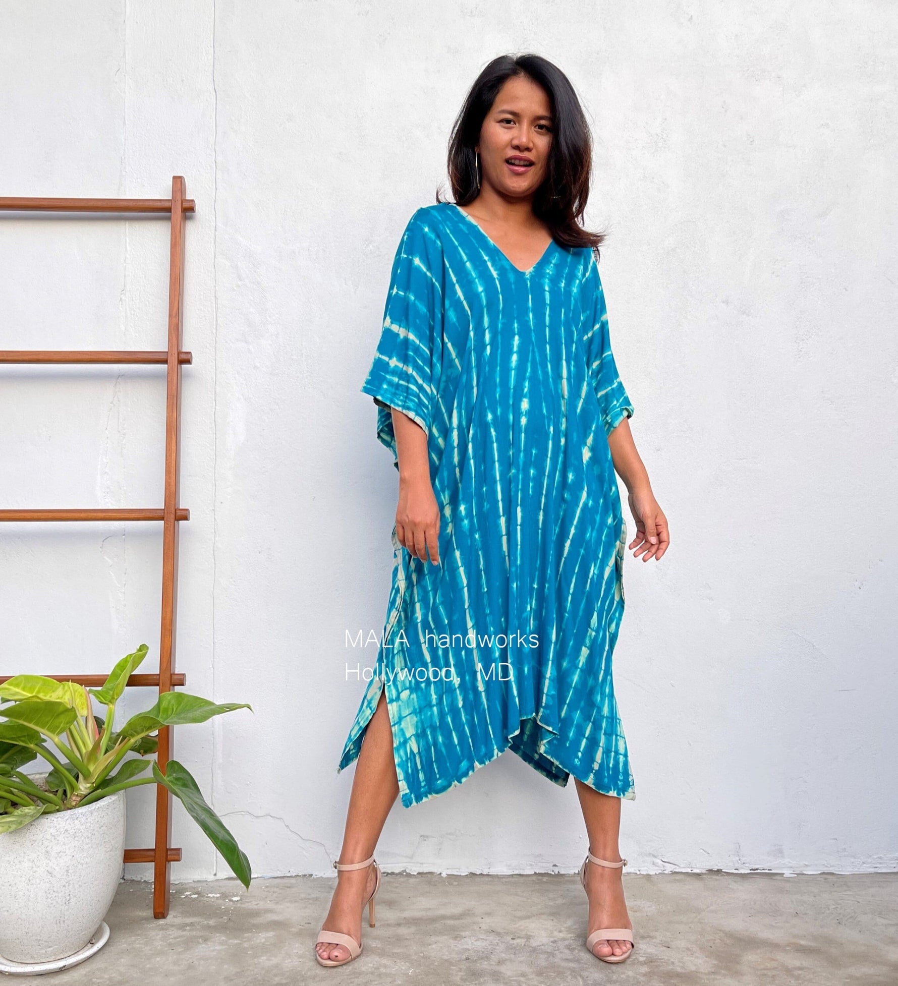 MALA handworks Fiona Midi Kaftan in Blue Teal Tie Dye