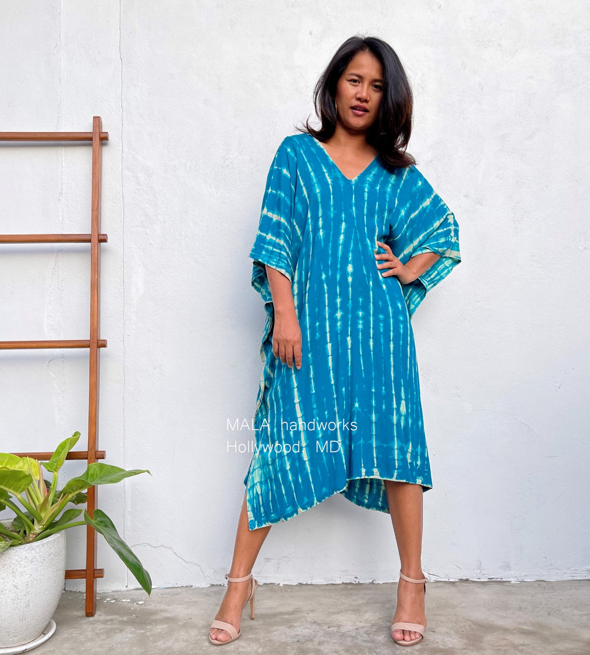 MALA handworks  Fiona Midi Kaftan in Blue Teal Tie Dye