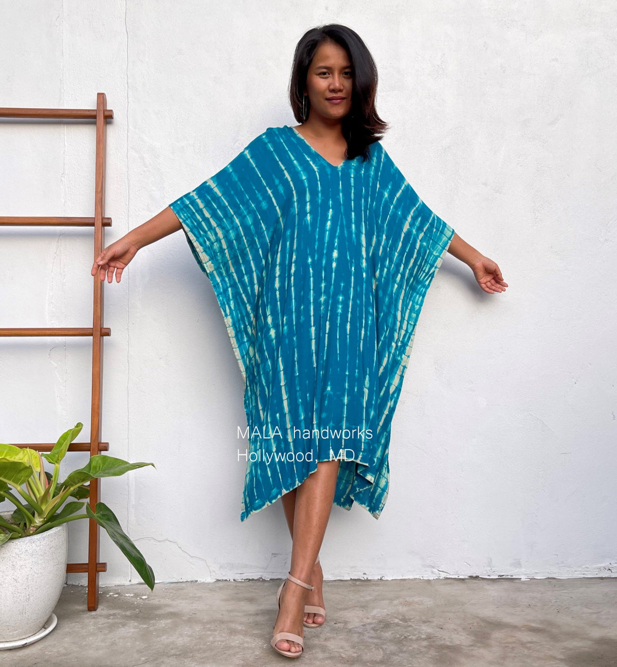 MALA handworks  Fiona Midi Kaftan in Blue Teal Tie Dye