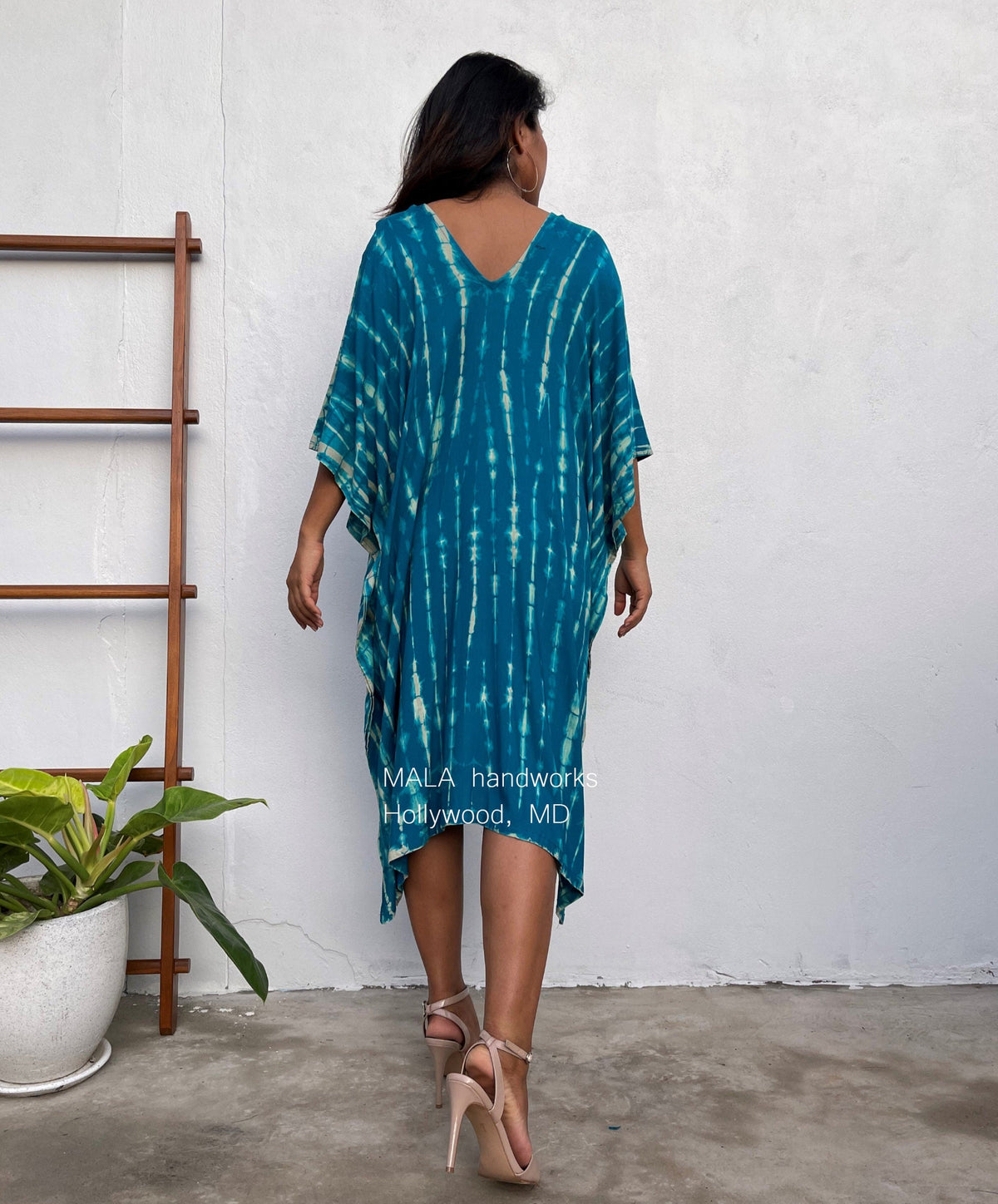 MALA handworks  Fiona Midi Kaftan in Blue Teal Tie Dye