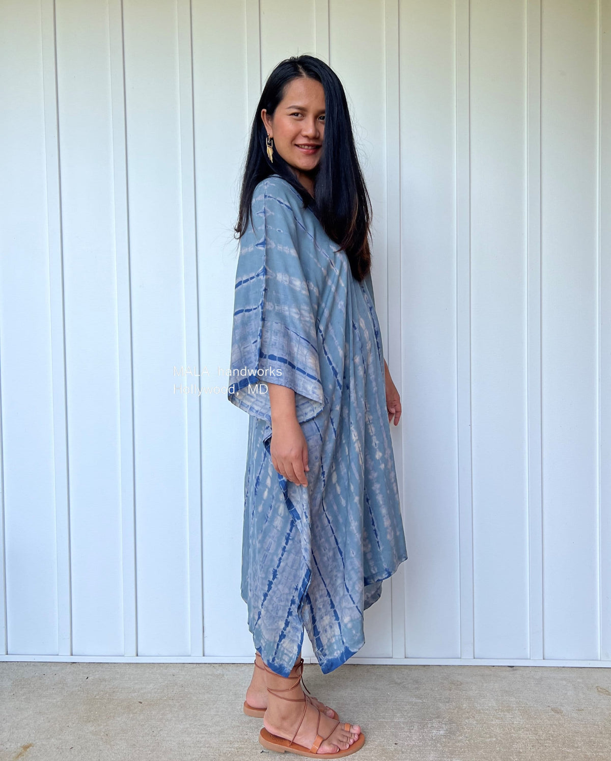 MALA handworks  Fiona Midi Kaftan in Gray and Blue Tie Dye