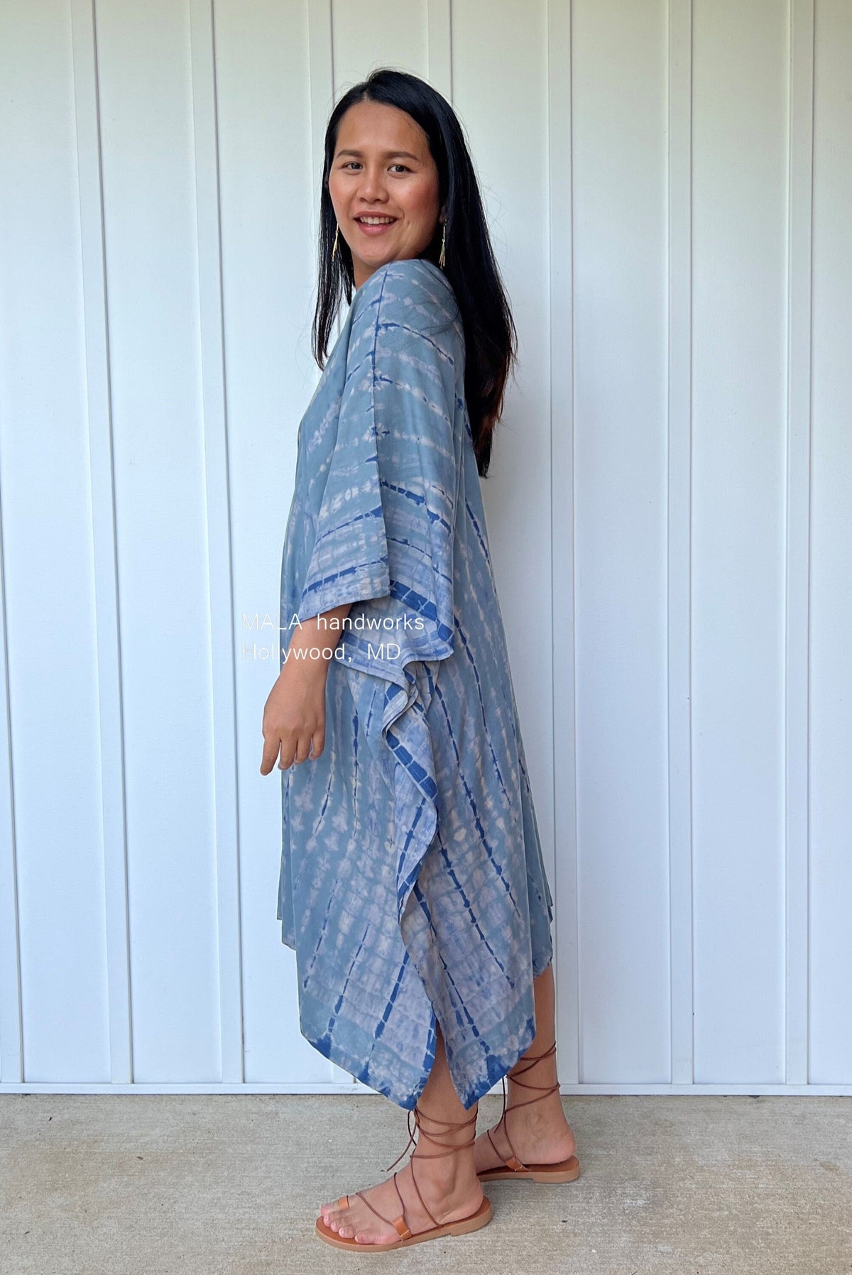 MALA handworks  Fiona Midi Kaftan in Gray and Blue Tie Dye