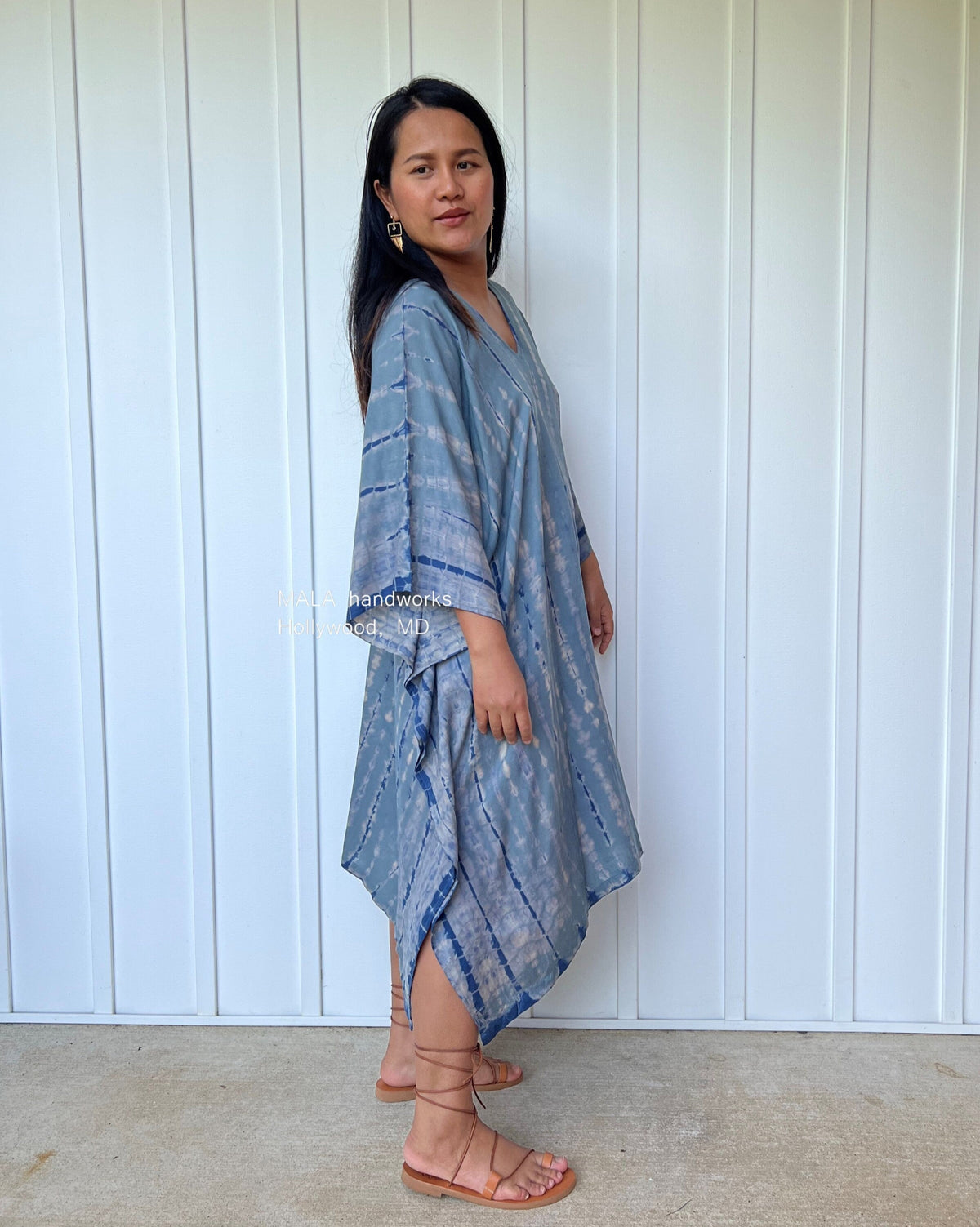 MALA handworks  Fiona Midi Kaftan in Gray and Blue Tie Dye