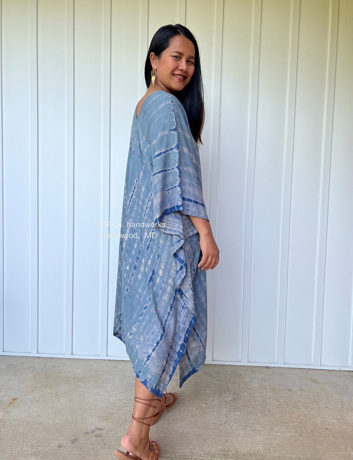 MALA handworks  Fiona Midi Kaftan in Gray and Blue Tie Dye