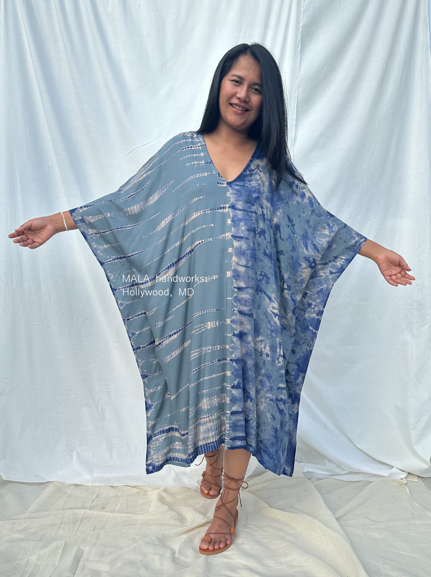 MALA handworks Fiona Midi Kaftan in Gray and Blue Tie Dye