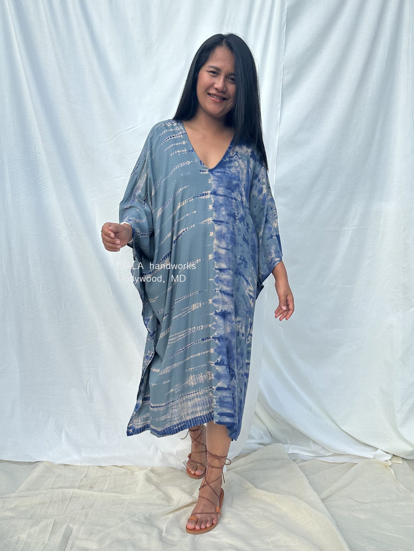 MALA handworks Fiona Midi Kaftan in Gray and Blue Tie Dye