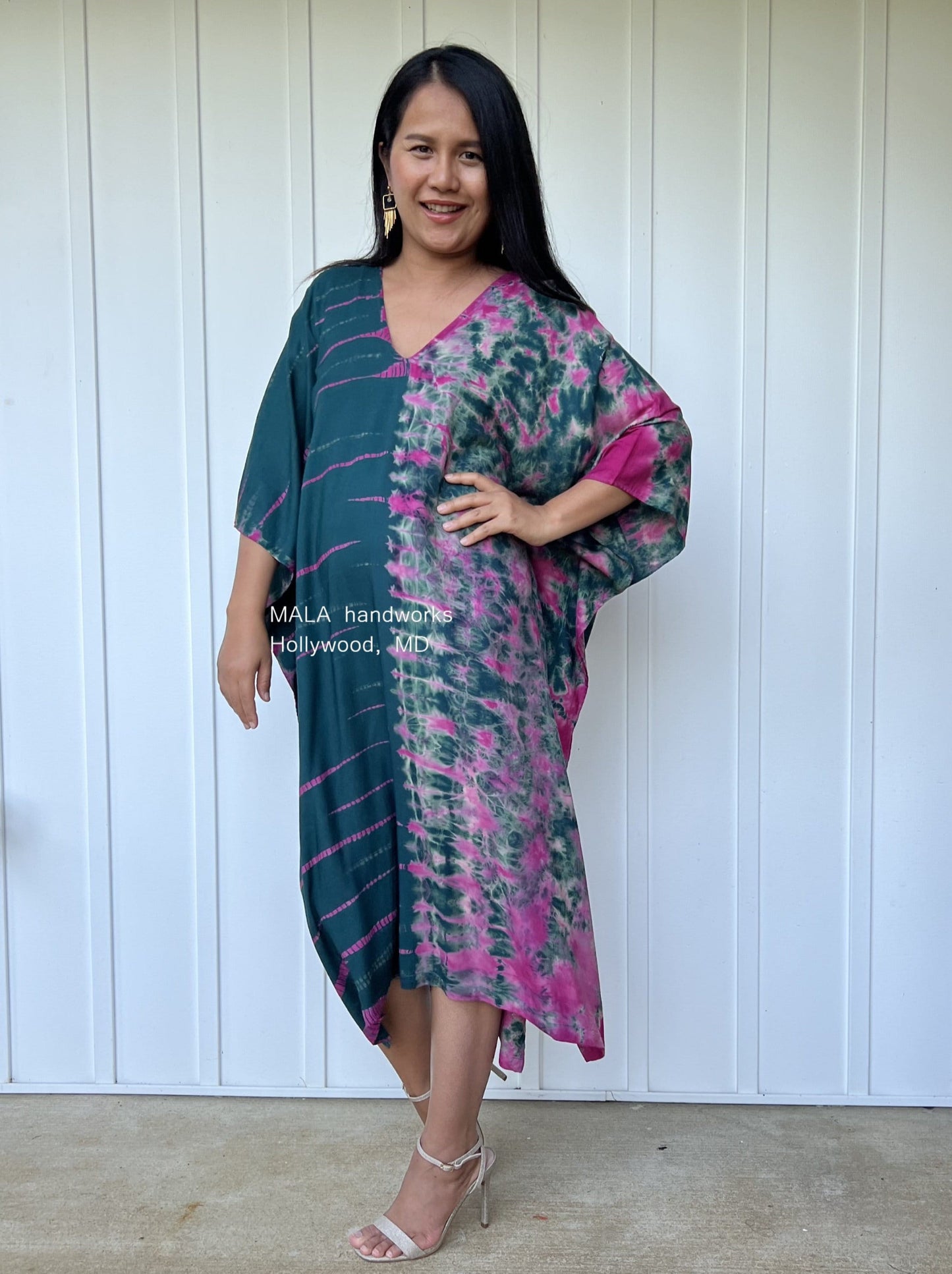 MALA handworks Fiona Midi Kaftan in Green and Purple Tie Dye