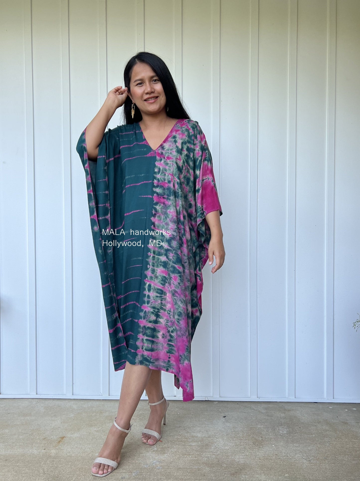 MALA handworks Fiona Midi Kaftan in Green and Purple Tie Dye