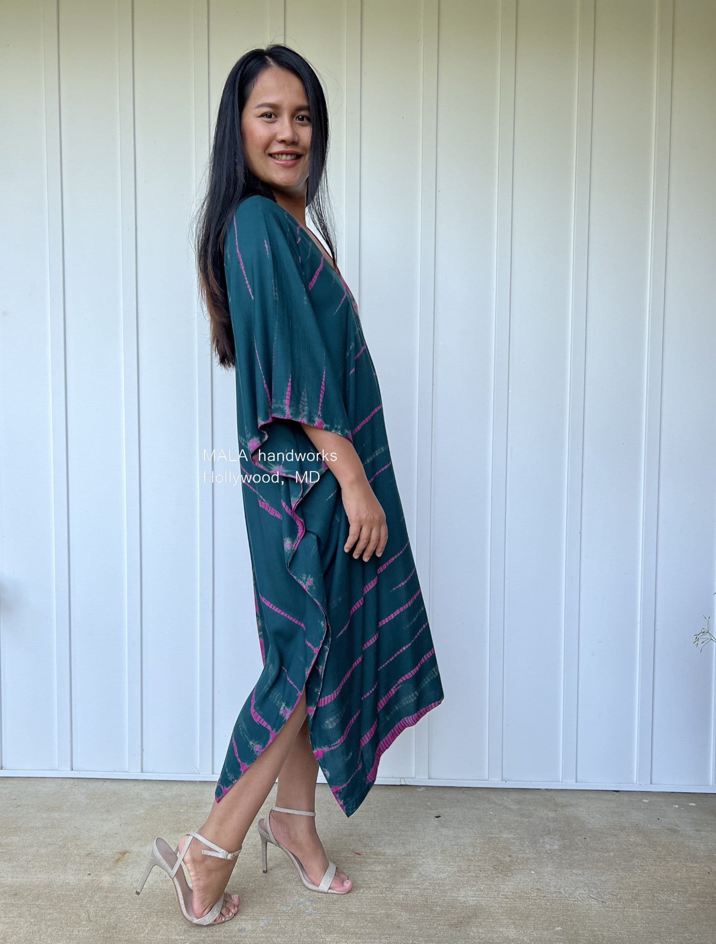 MALA handworks Fiona Midi Kaftan in Green and Purple Tie Dye