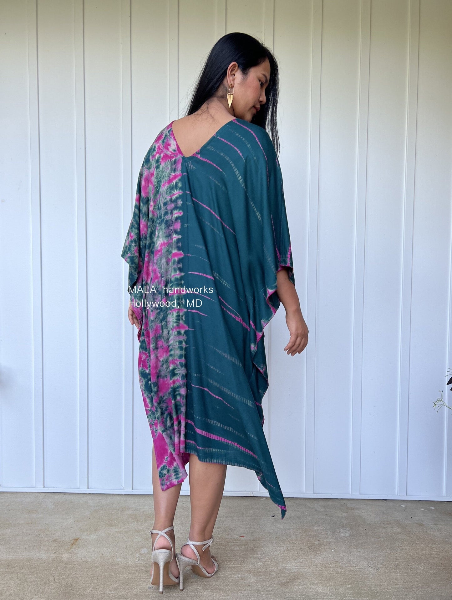 MALA handworks Fiona Midi Kaftan in Green and Purple Tie Dye