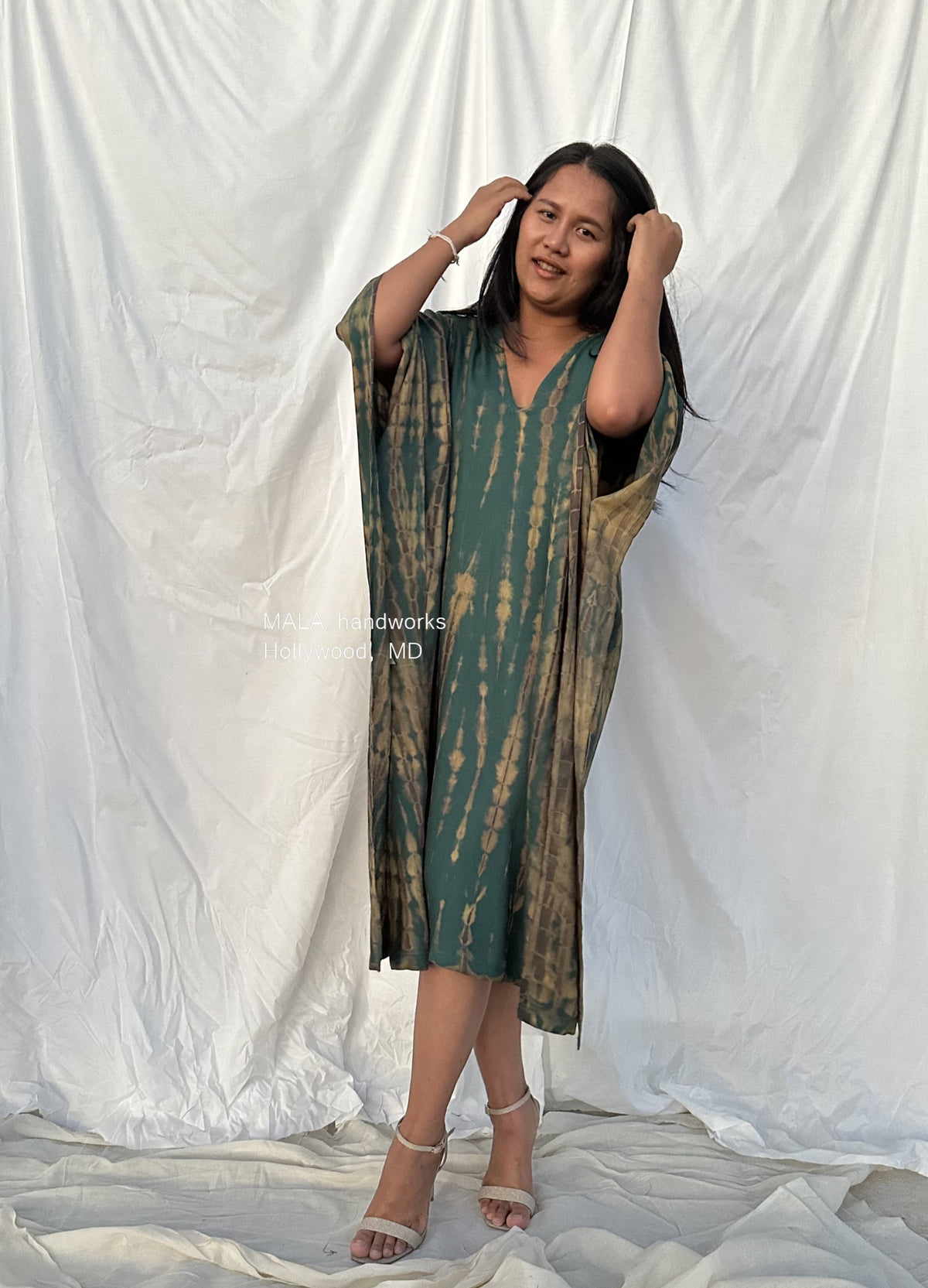 MALA handworks  Fiona Midi Kaftan in Green and Yellow Tie Dye