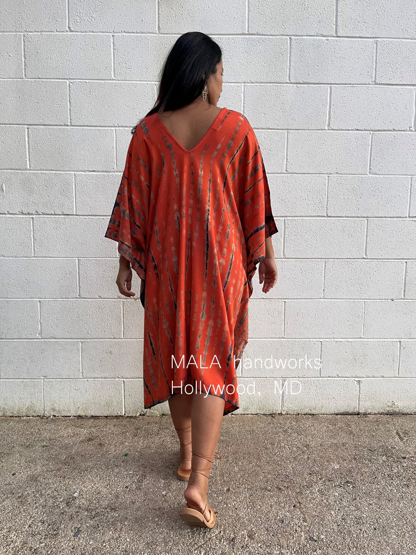 MALA handworks Fiona Midi Kaftan in Orange and Black Tie Dye