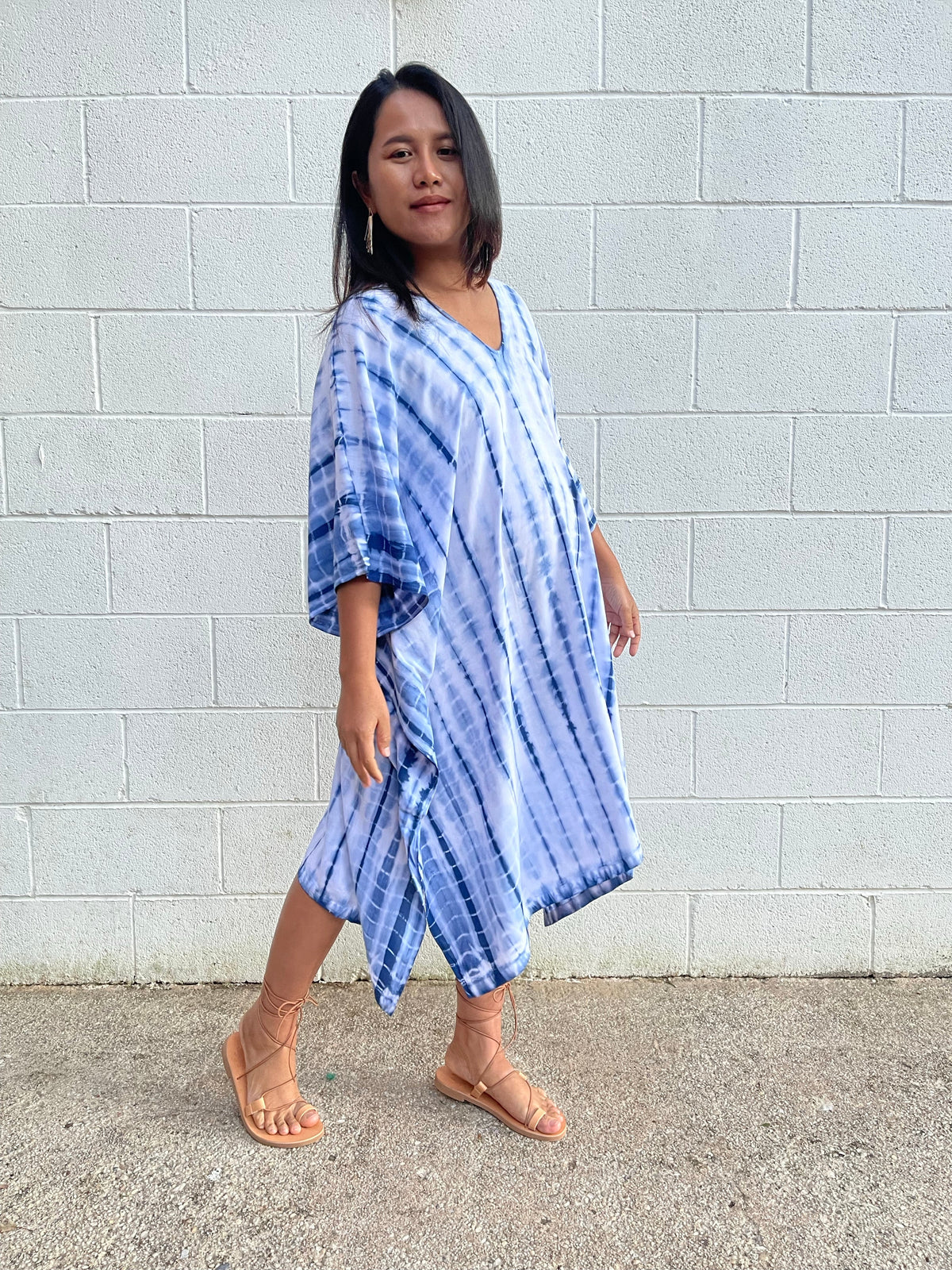 MALA handworks Fiona Midi Kaftan in White and Blue Tie Dye