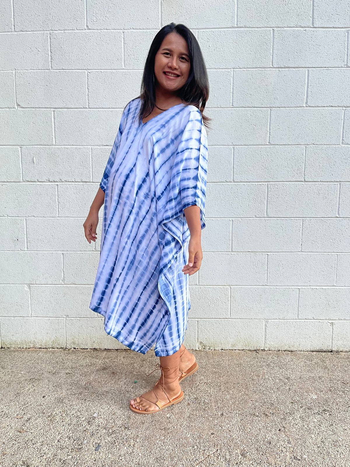 MALA handworks Fiona Midi Kaftan in White and Blue Tie Dye