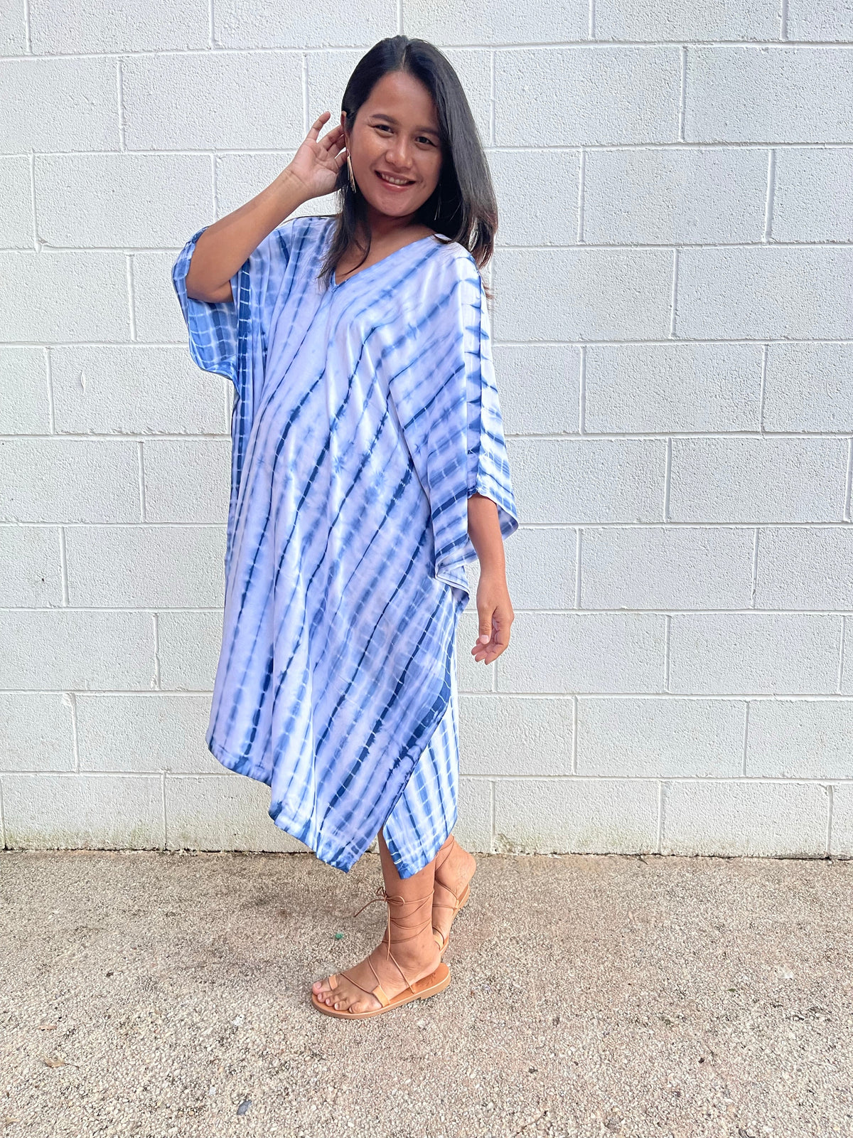 MALA handworks Fiona Midi Kaftan in White and Blue Tie Dye