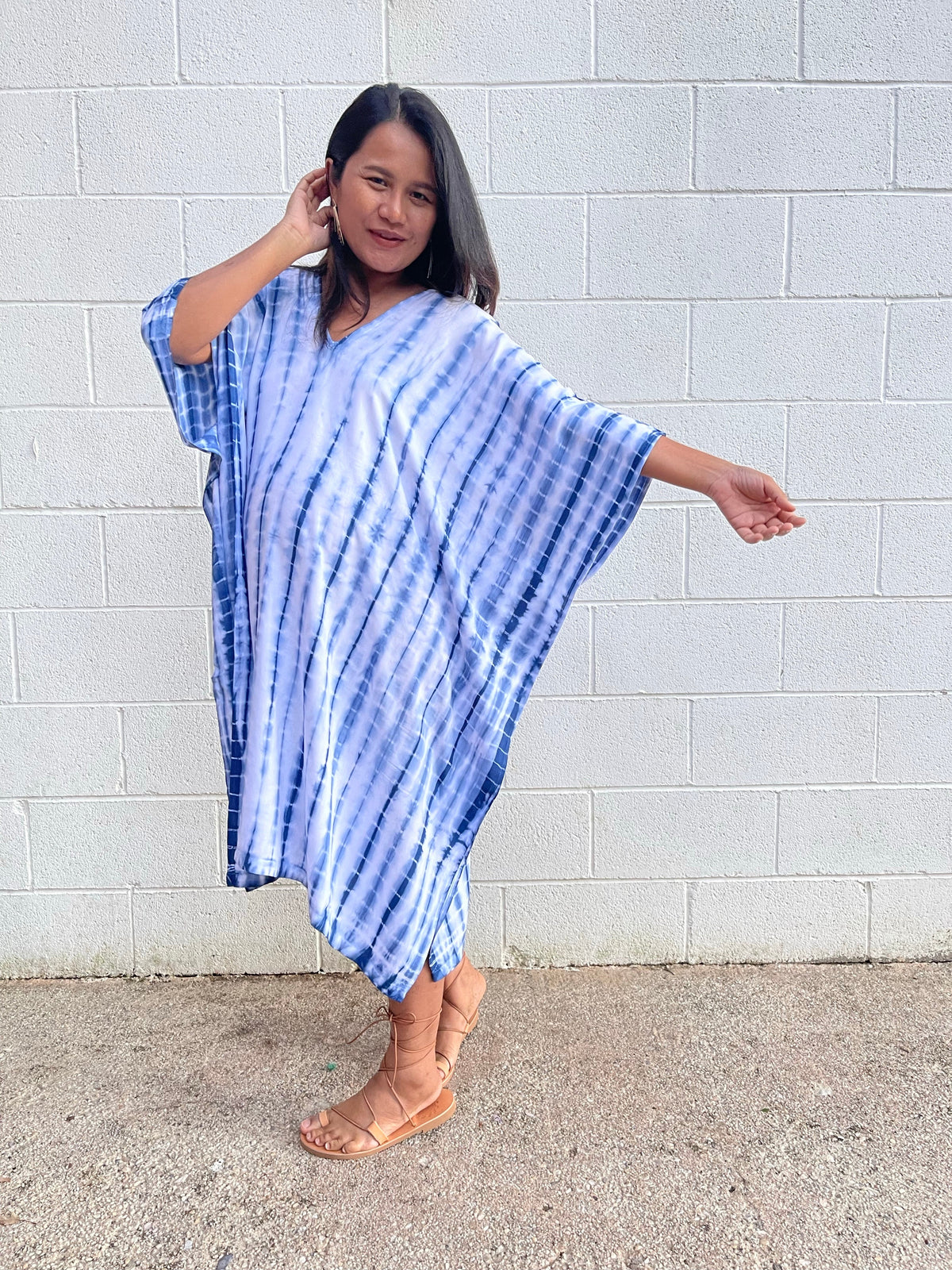 MALA handworks Fiona Midi Kaftan in White and Blue Tie Dye