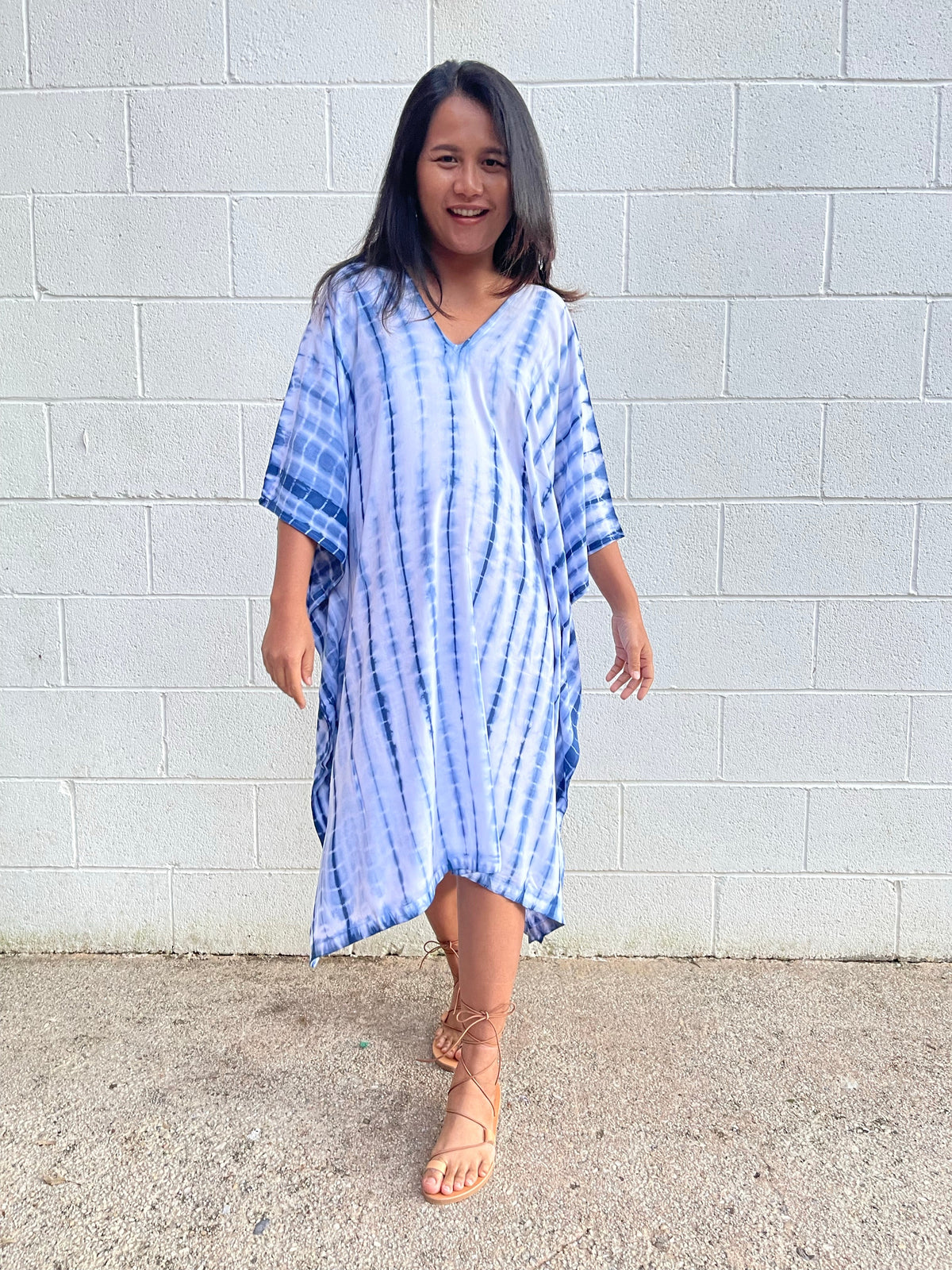 MALA handworks Fiona Midi Kaftan in White and Blue Tie Dye