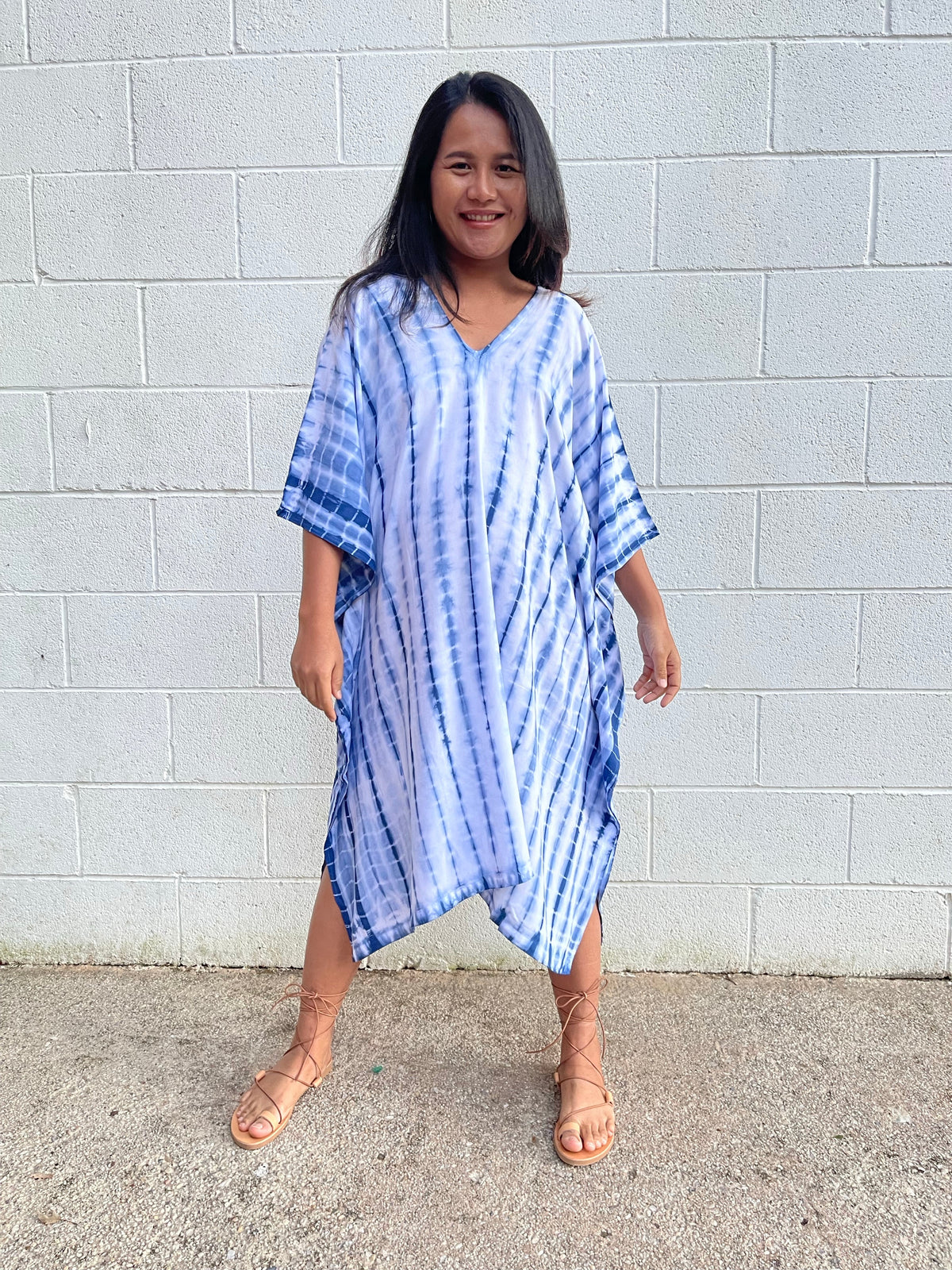 MALA handworks Fiona Midi Kaftan in White and Blue Tie Dye