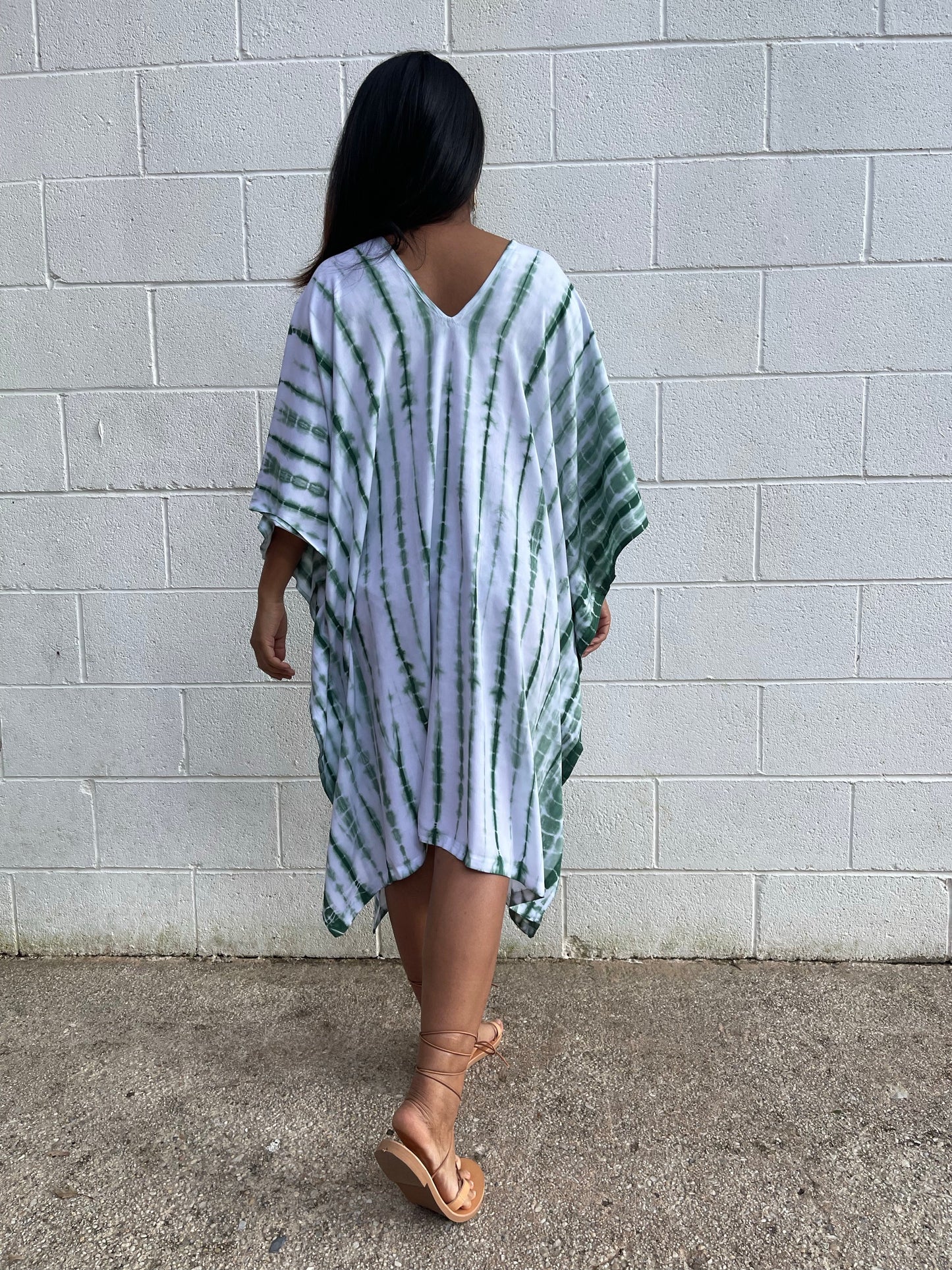 MALA handworks Fiona Midi Kaftan in White and Green Tie Dye