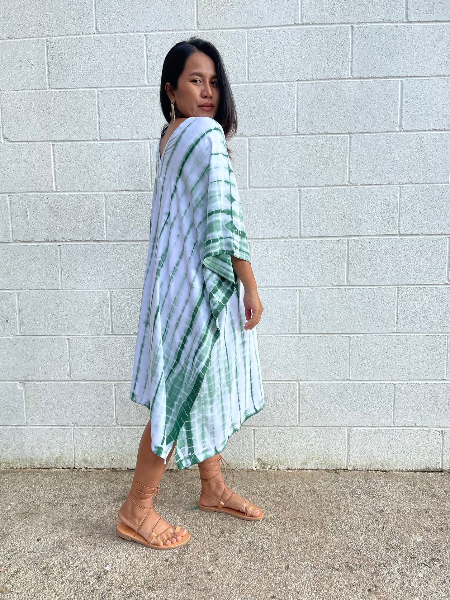 MALA handworks Fiona Midi Kaftan in White and Green Tie Dye