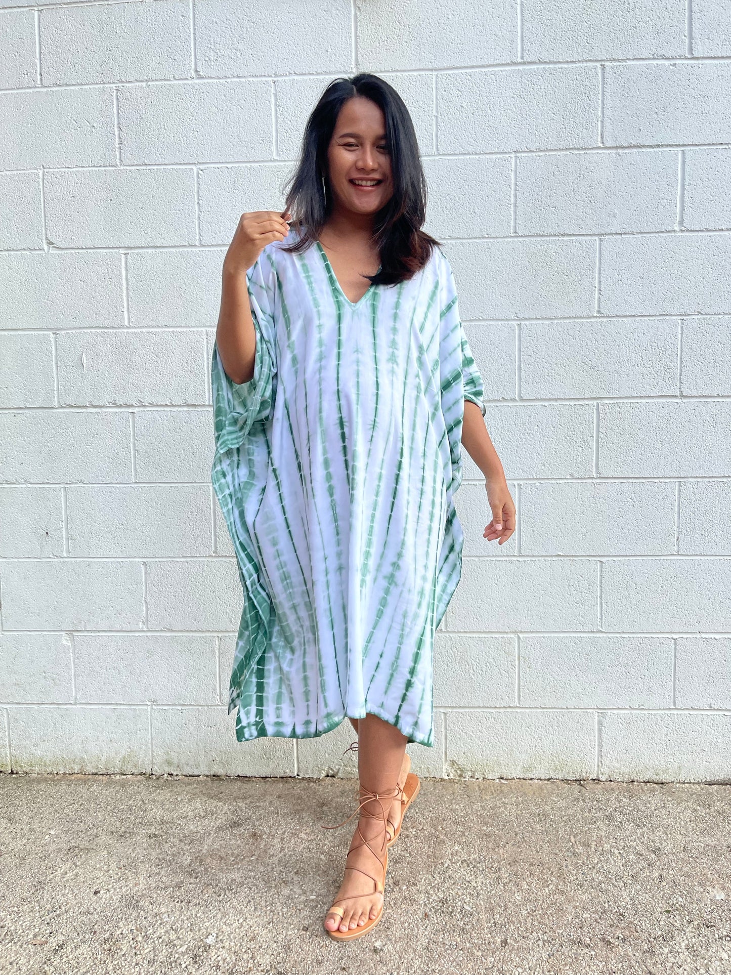 MALA handworks Fiona Midi Kaftan in White and Green Tie Dye