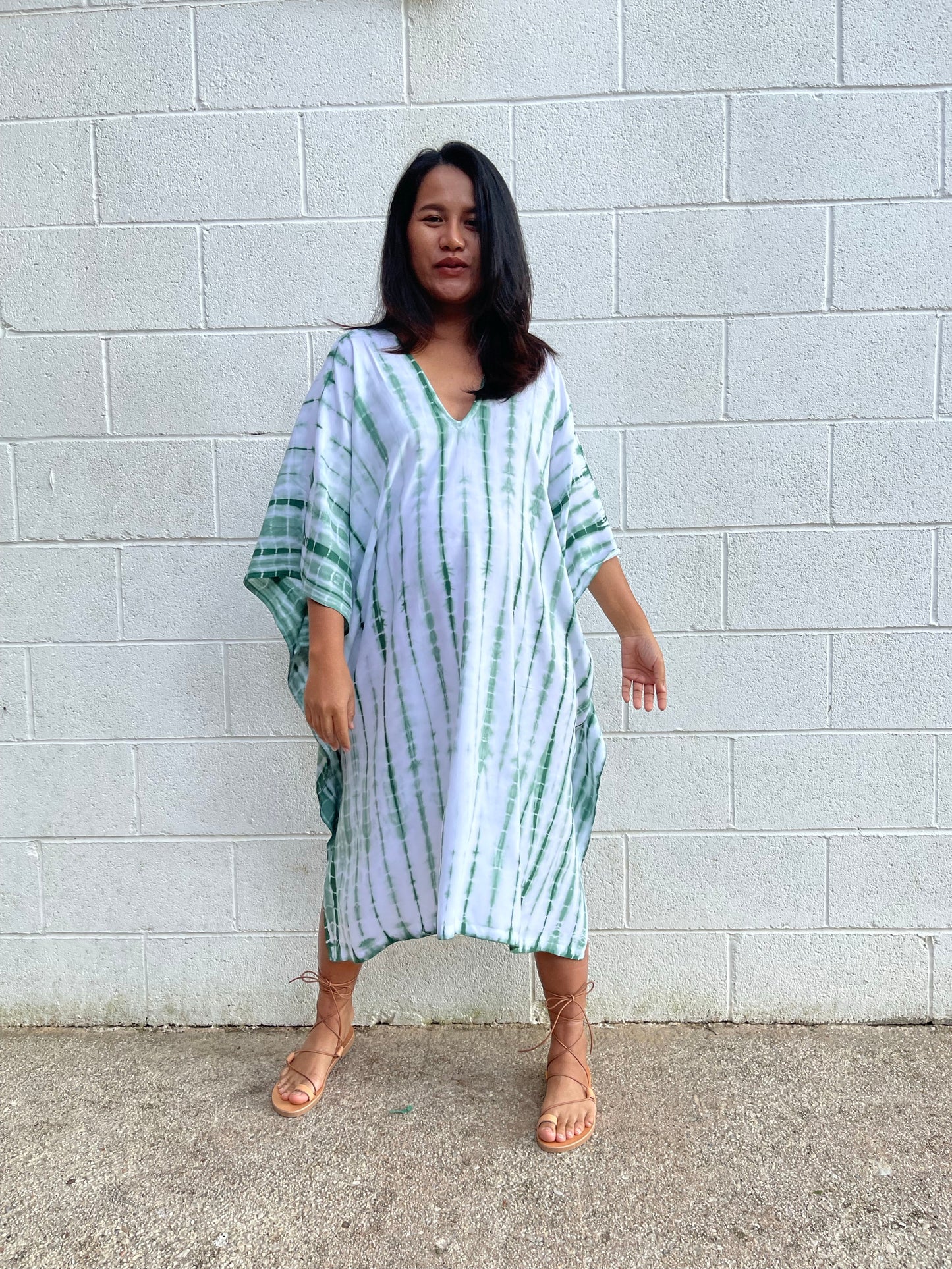 MALA handworks Fiona Midi Kaftan in White and Green Tie Dye