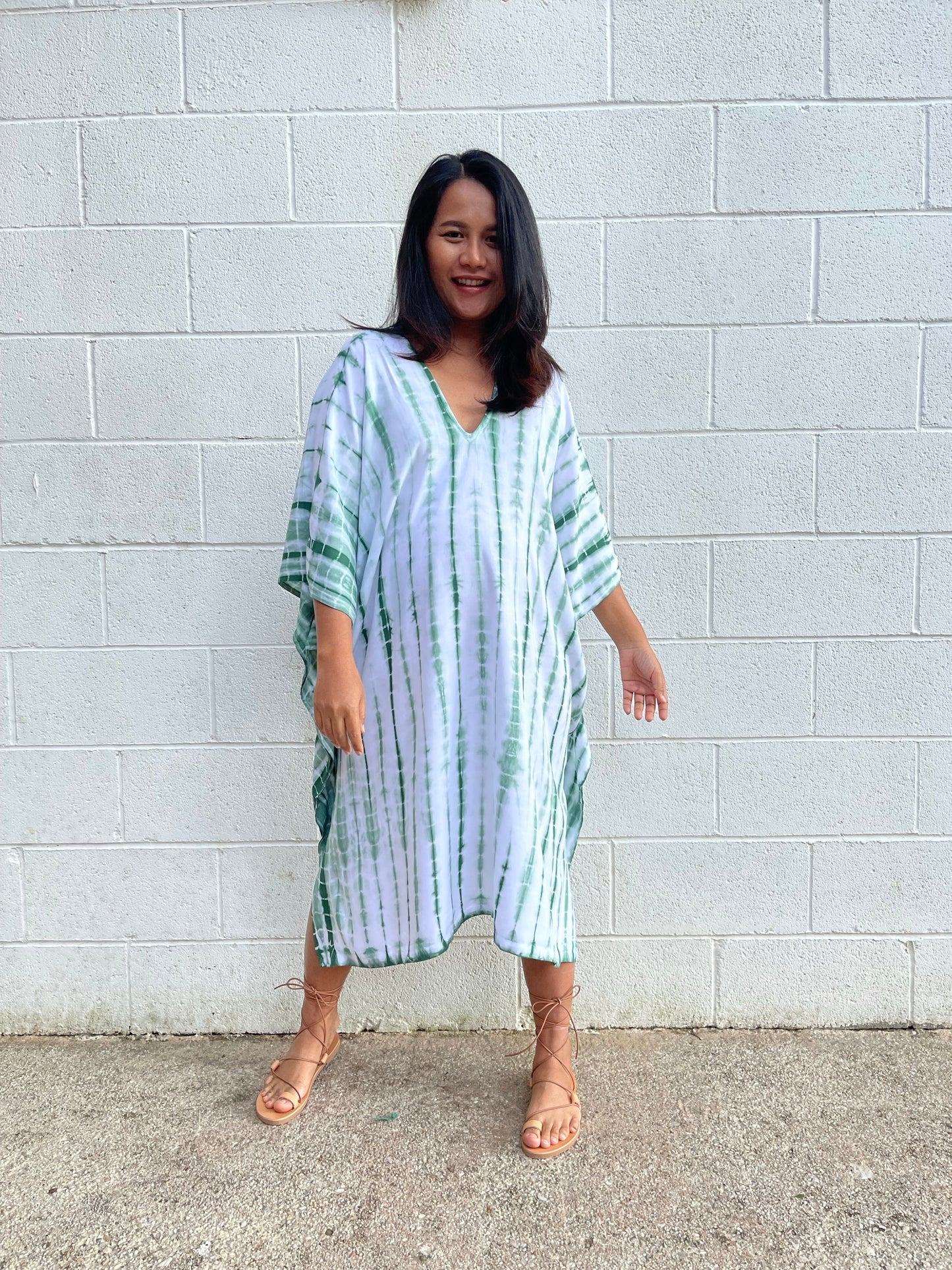 MALA handworks Fiona Midi Kaftan in White and Green Tie Dye