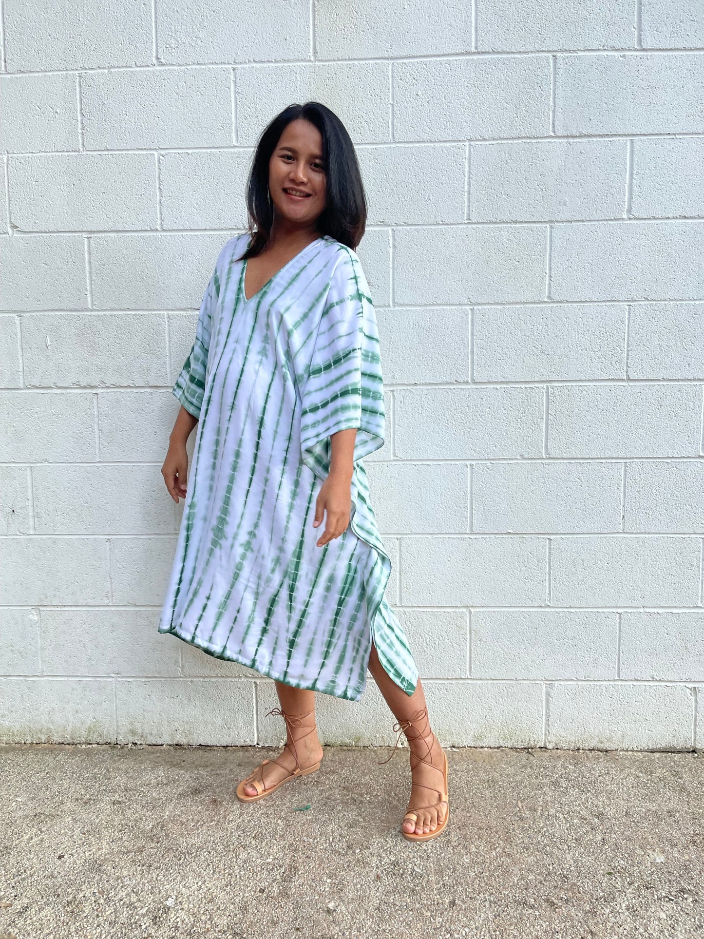 MALA handworks Fiona Midi Kaftan in White and Green Tie Dye