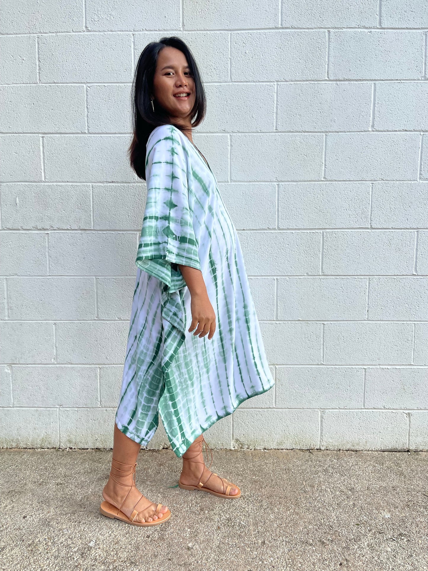 MALA handworks Fiona Midi Kaftan in White and Green Tie Dye
