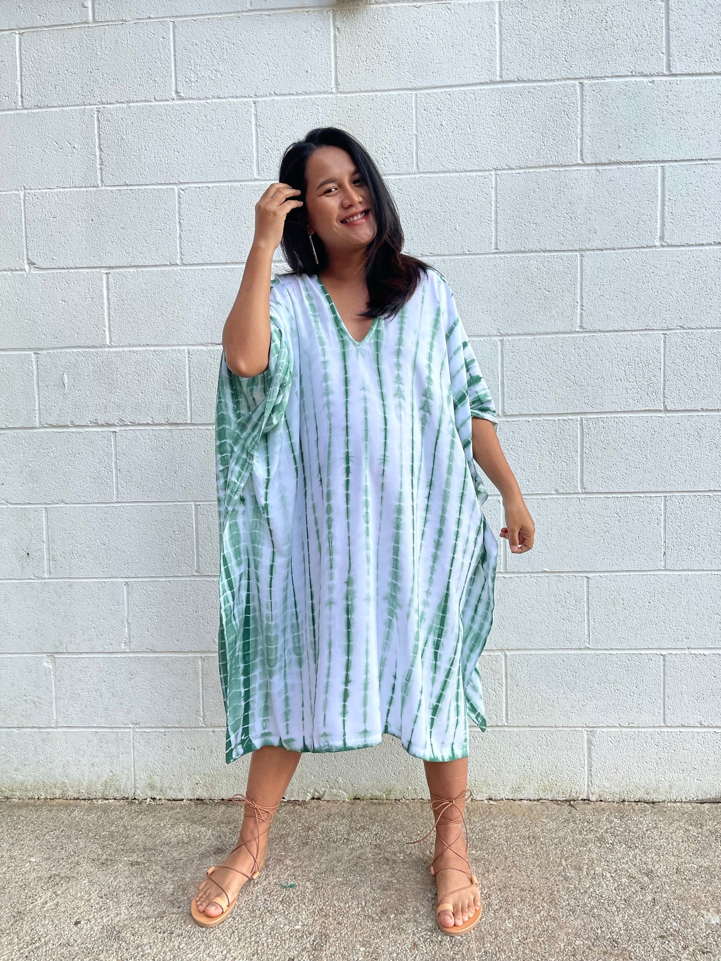 MALA handworks Fiona Midi Kaftan in White and Green Tie Dye