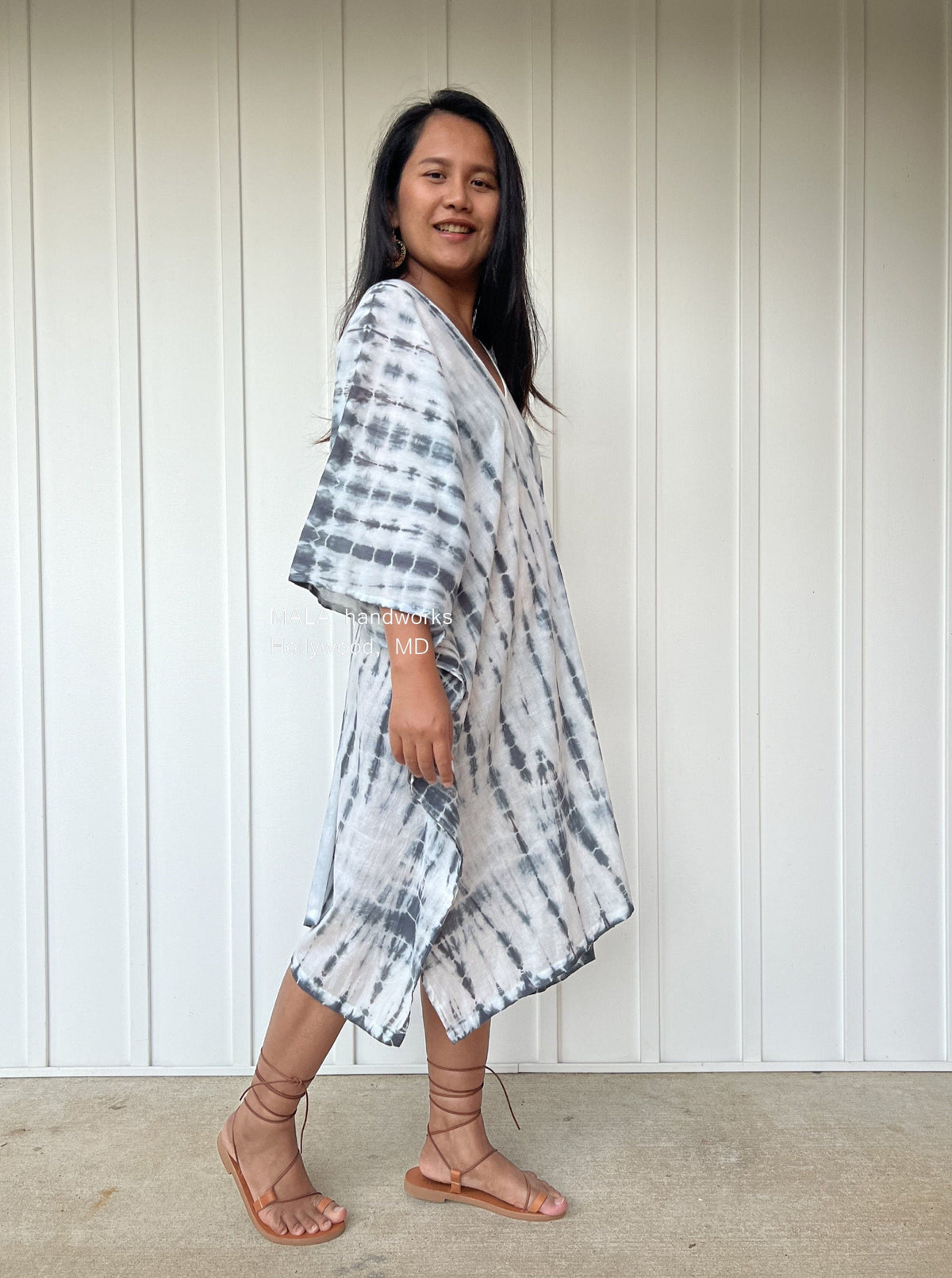 MALA handworks  Flora Midi Kaftan in White and Black Tie Dye
