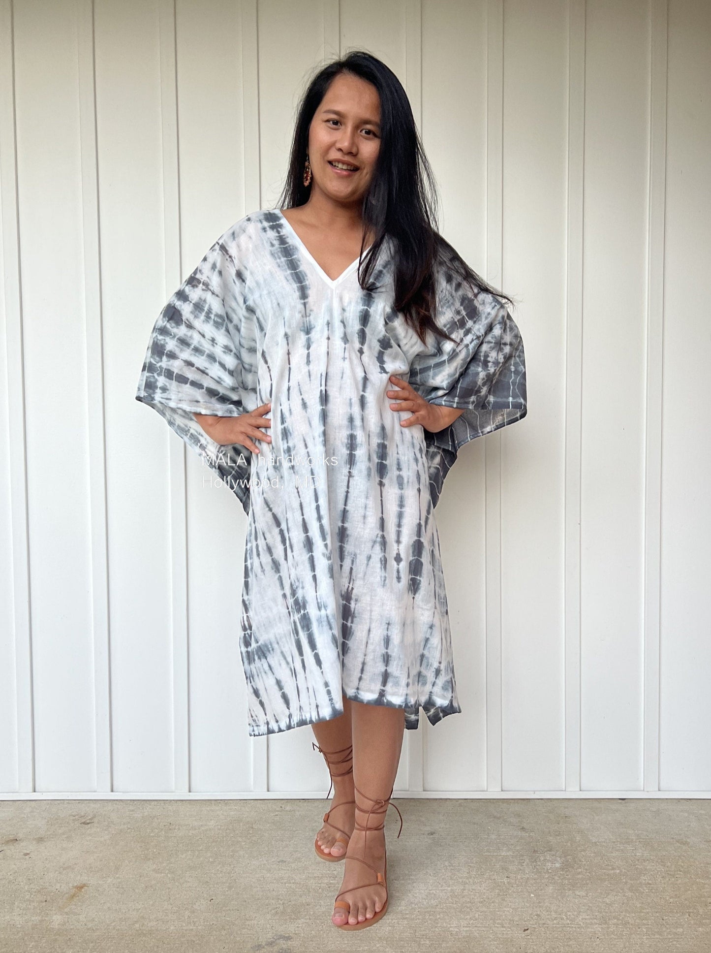 MALA handworks Flora Midi Kaftan in White and Black Tie Dye