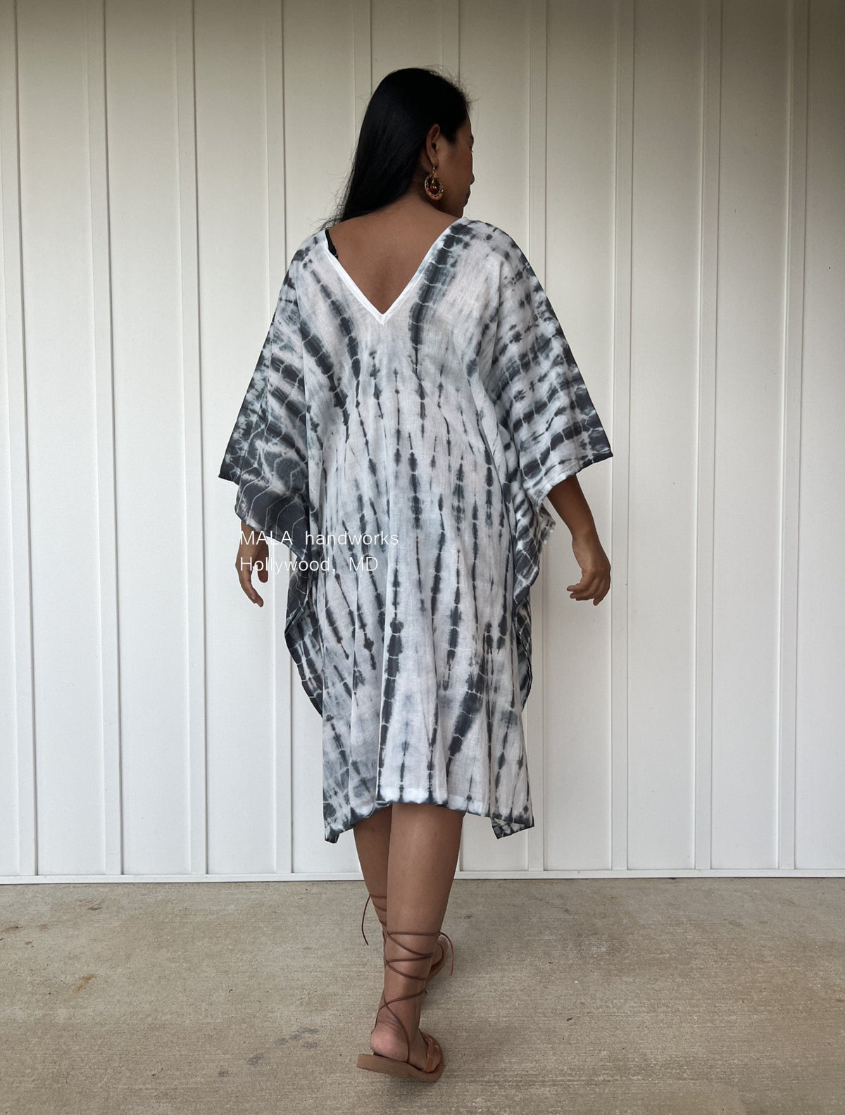 MALA handworks  Flora Midi Kaftan in White and Black Tie Dye