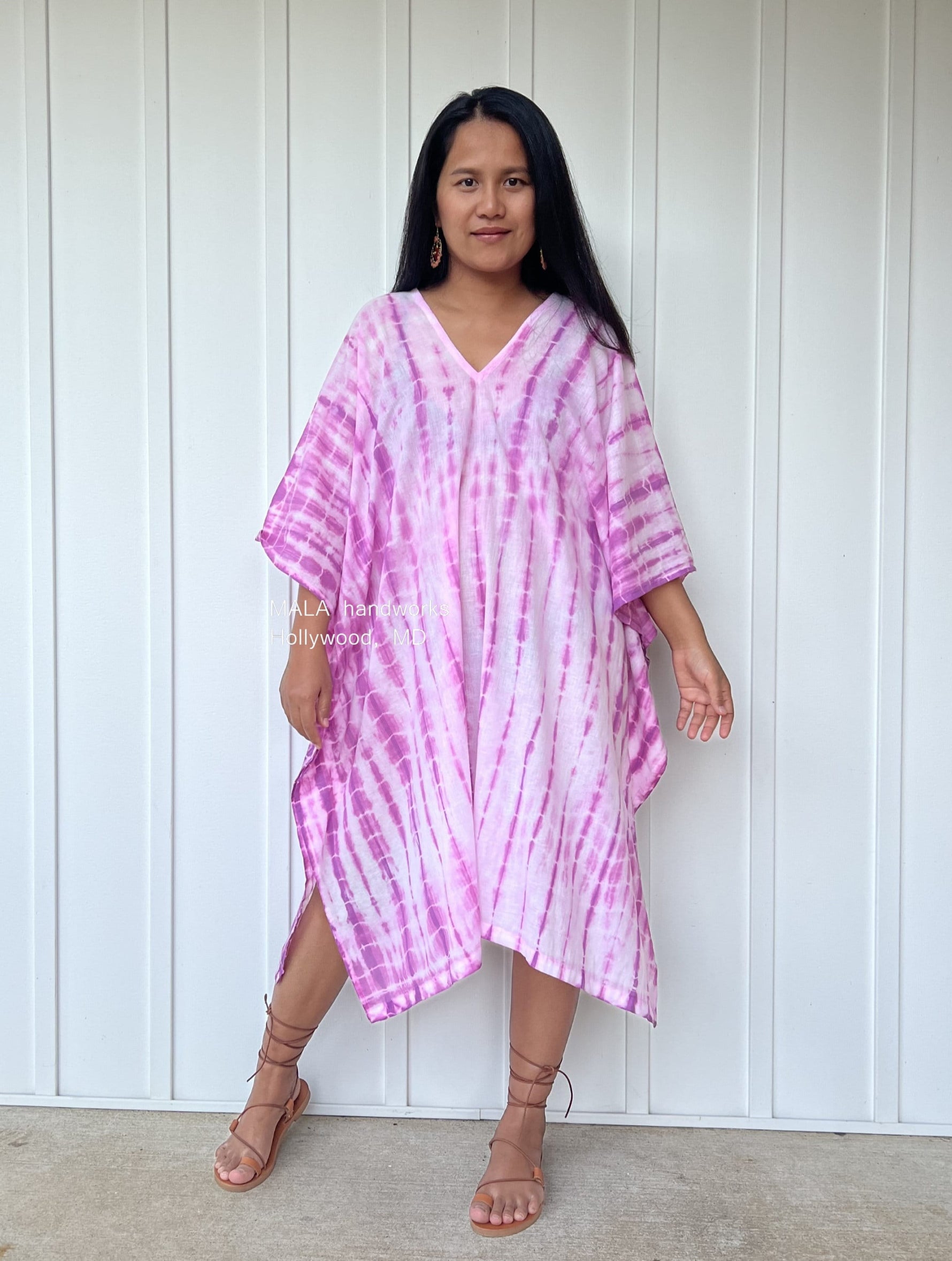 MALA handworks Flora Midi Kaftan in White and Fuchsia Tie Dye