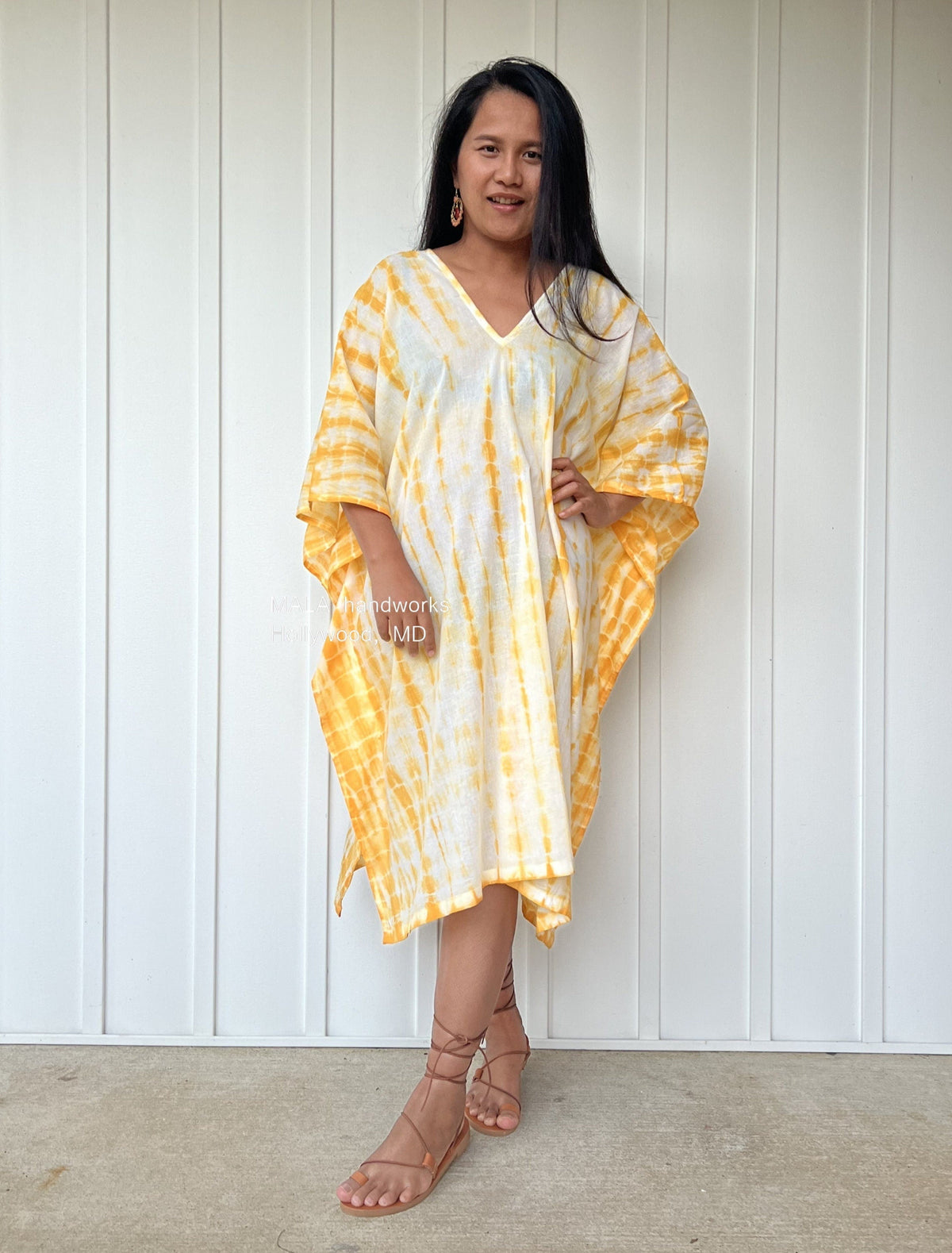 MALA handworks  Flora Midi Kaftan in White and Yellow Tie Dye