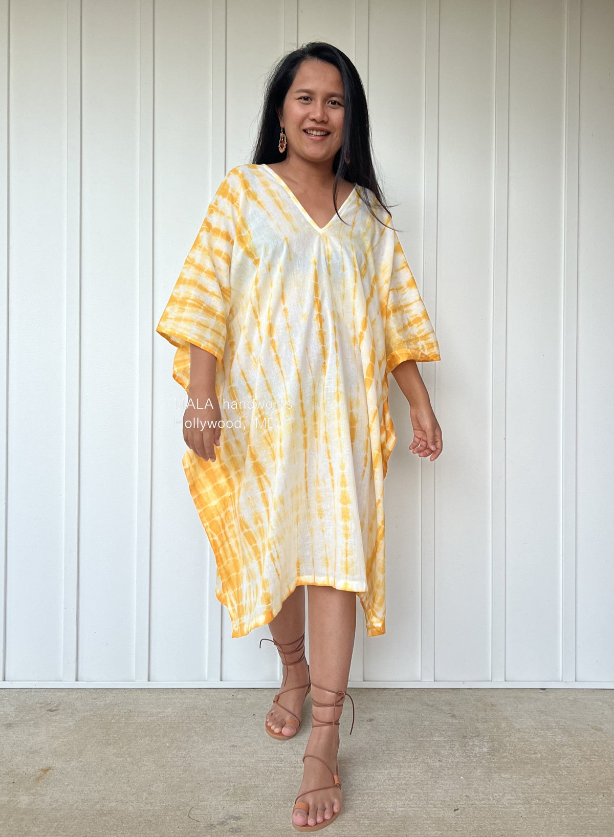 MALA handworks  Flora Midi Kaftan in White and Yellow Tie Dye