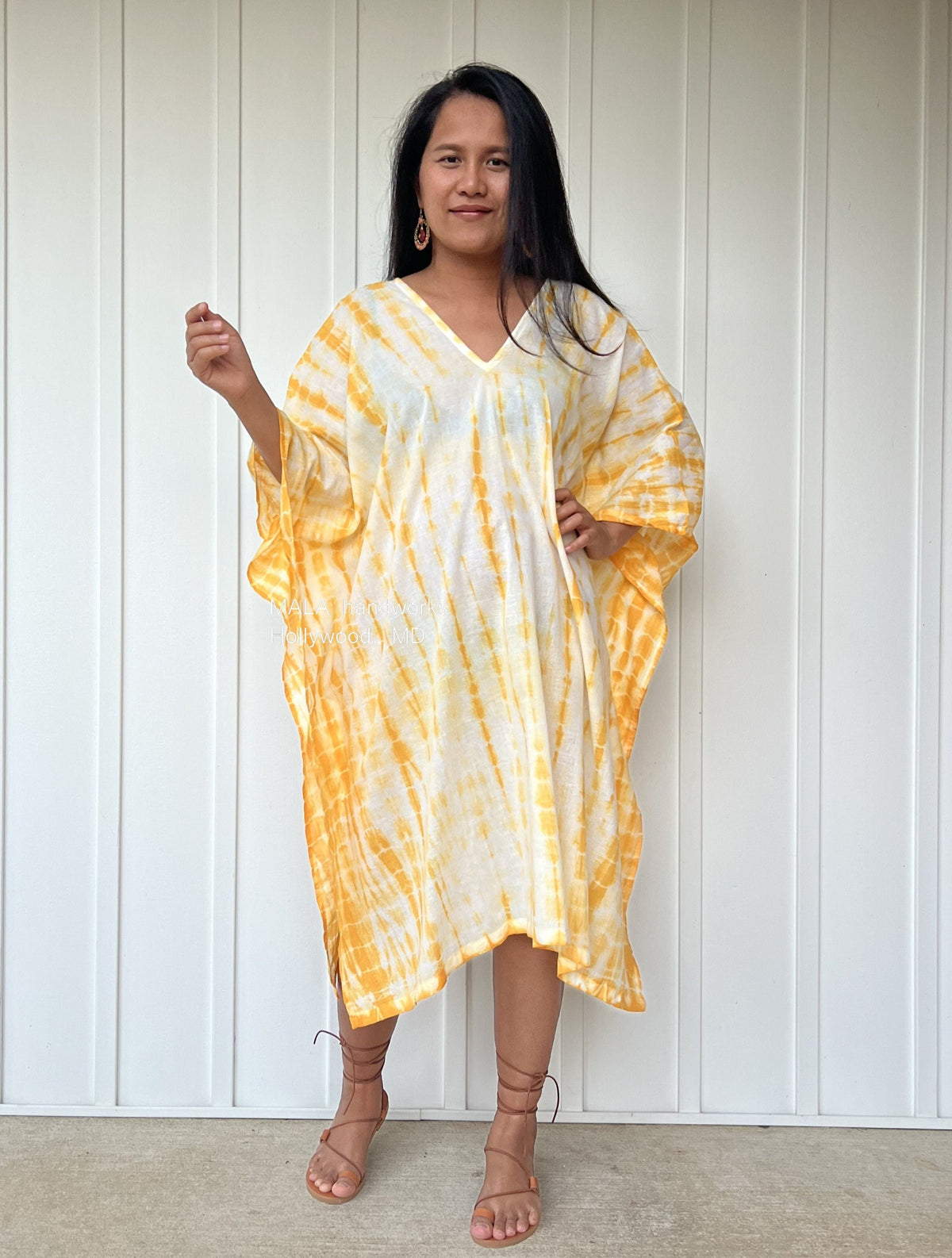 MALA handworks  Flora Midi Kaftan in White and Yellow Tie Dye