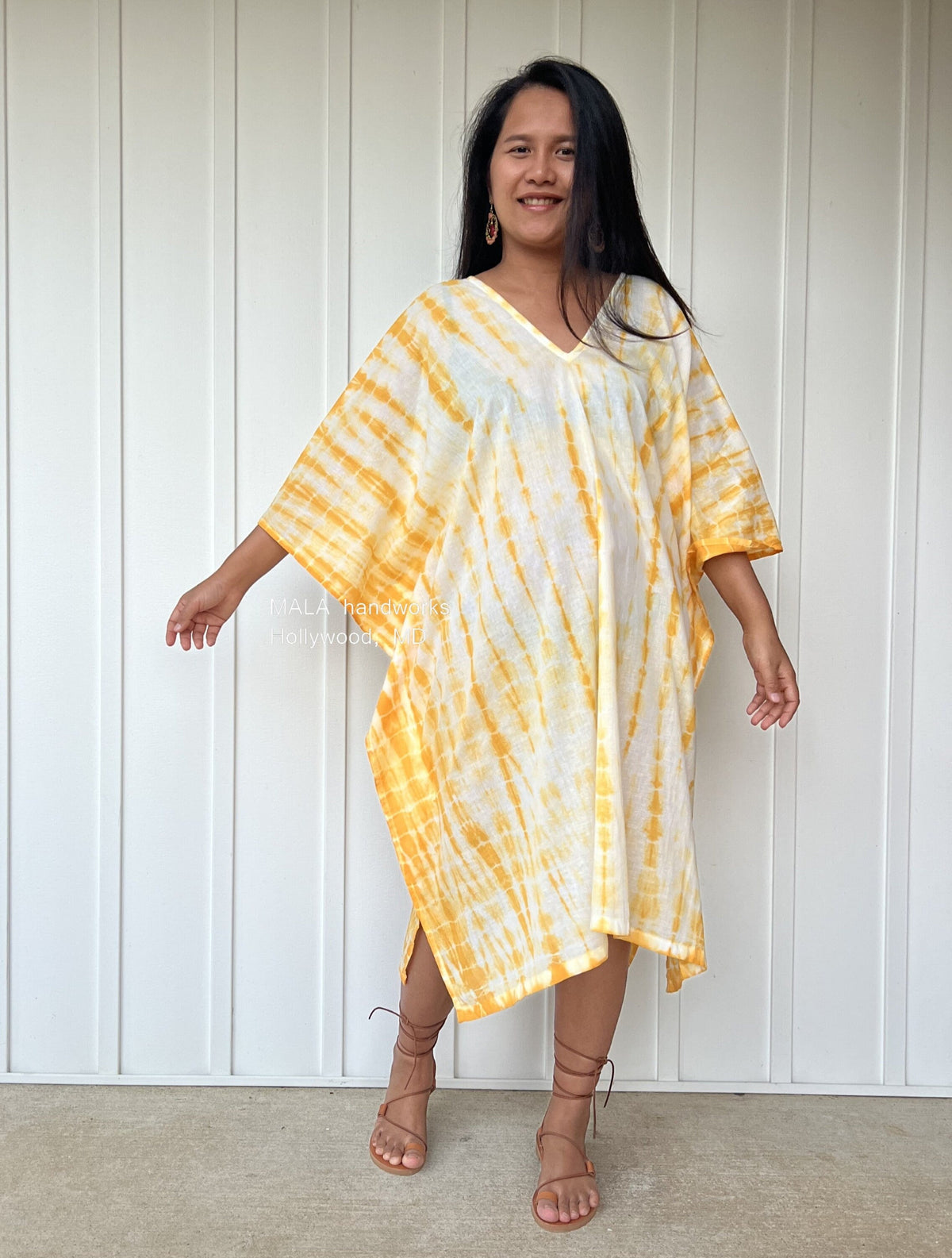 MALA handworks  Flora Midi Kaftan in White and Yellow Tie Dye