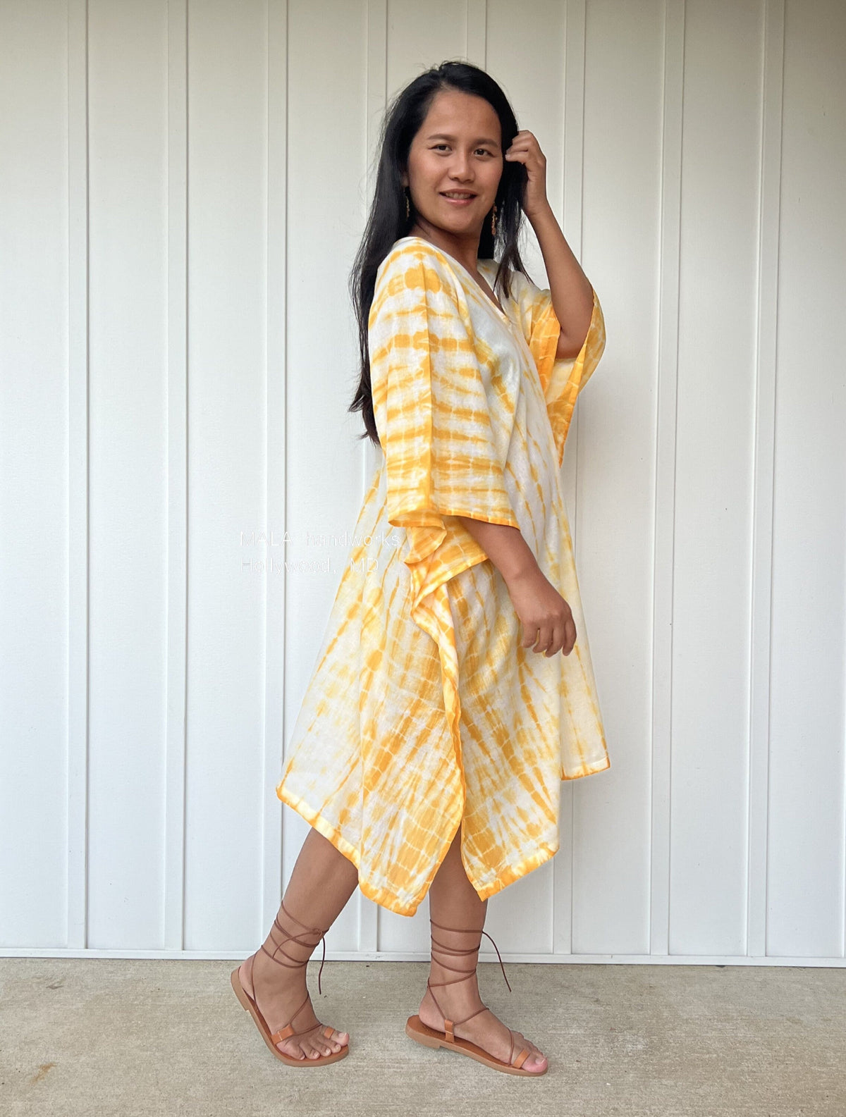 MALA handworks  Flora Midi Kaftan in White and Yellow Tie Dye