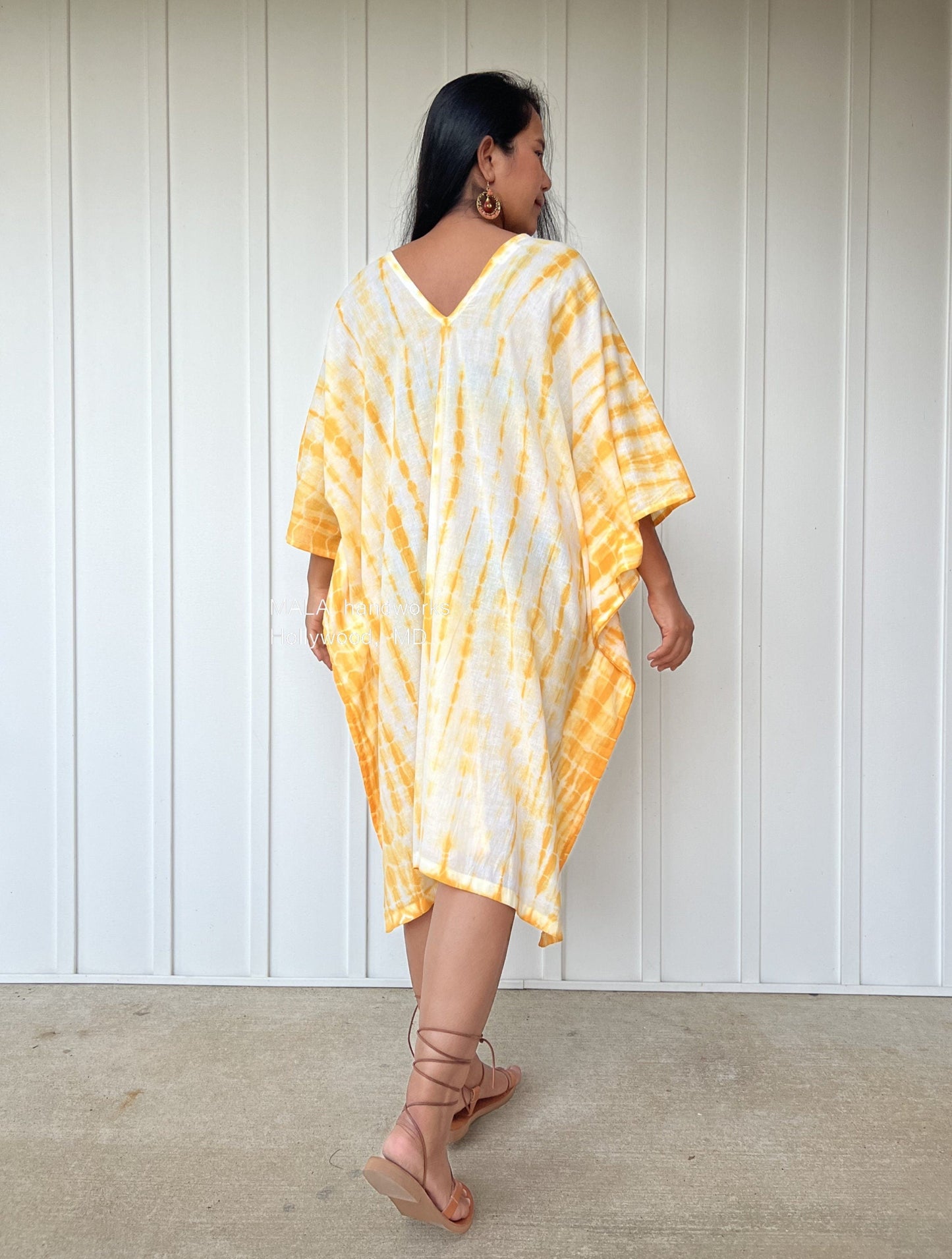 MALA handworks Flora Midi Kaftan in White and Yellow Tie Dye
