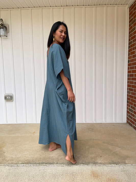 MALA handworks Grace Double Gauze Cotton Kaftan in Blue Gray