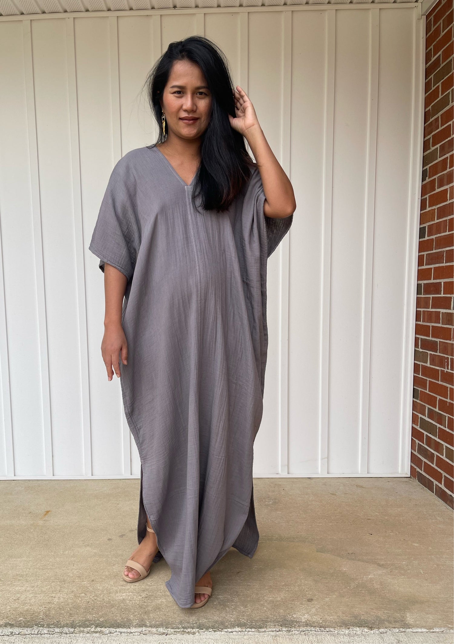 MALA handworks Grace Double Gauze Cotton Kaftan in Fossil Gray