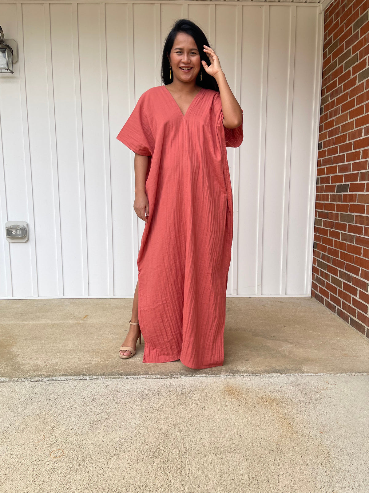 MALA handworks Grace Double Gauze Cotton Kaftan in Salmon Pink