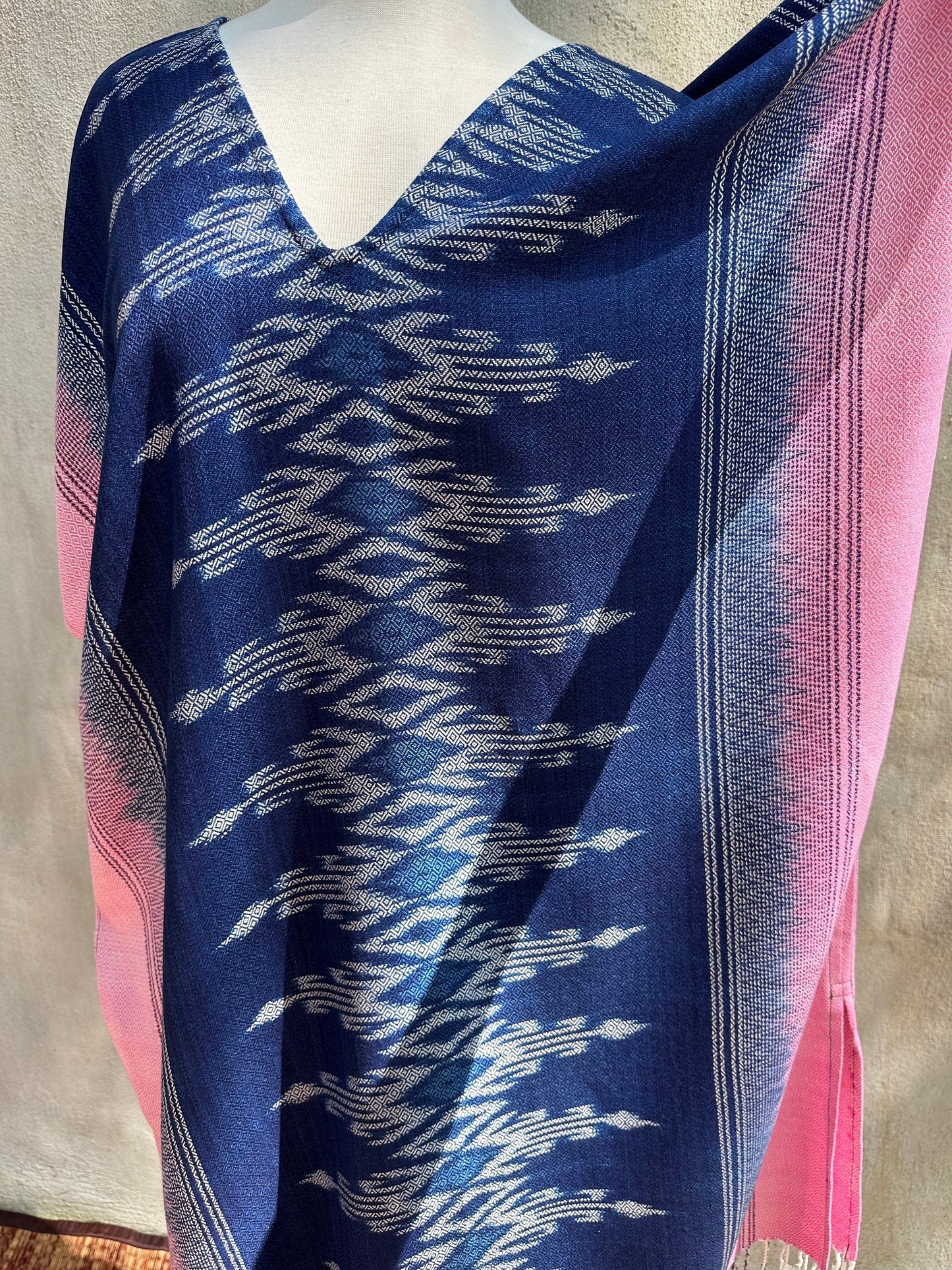 MALA handworks Ikat Hand Woven Pattern Kaftan in Gray with White and Light Pink
