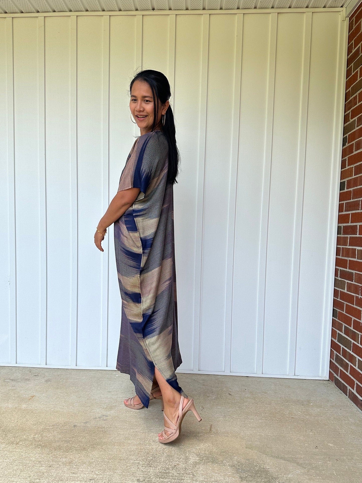 MALA handworks Ikat Hand Woven Pattern Kaftan in Indigo Blue and Earth Tones