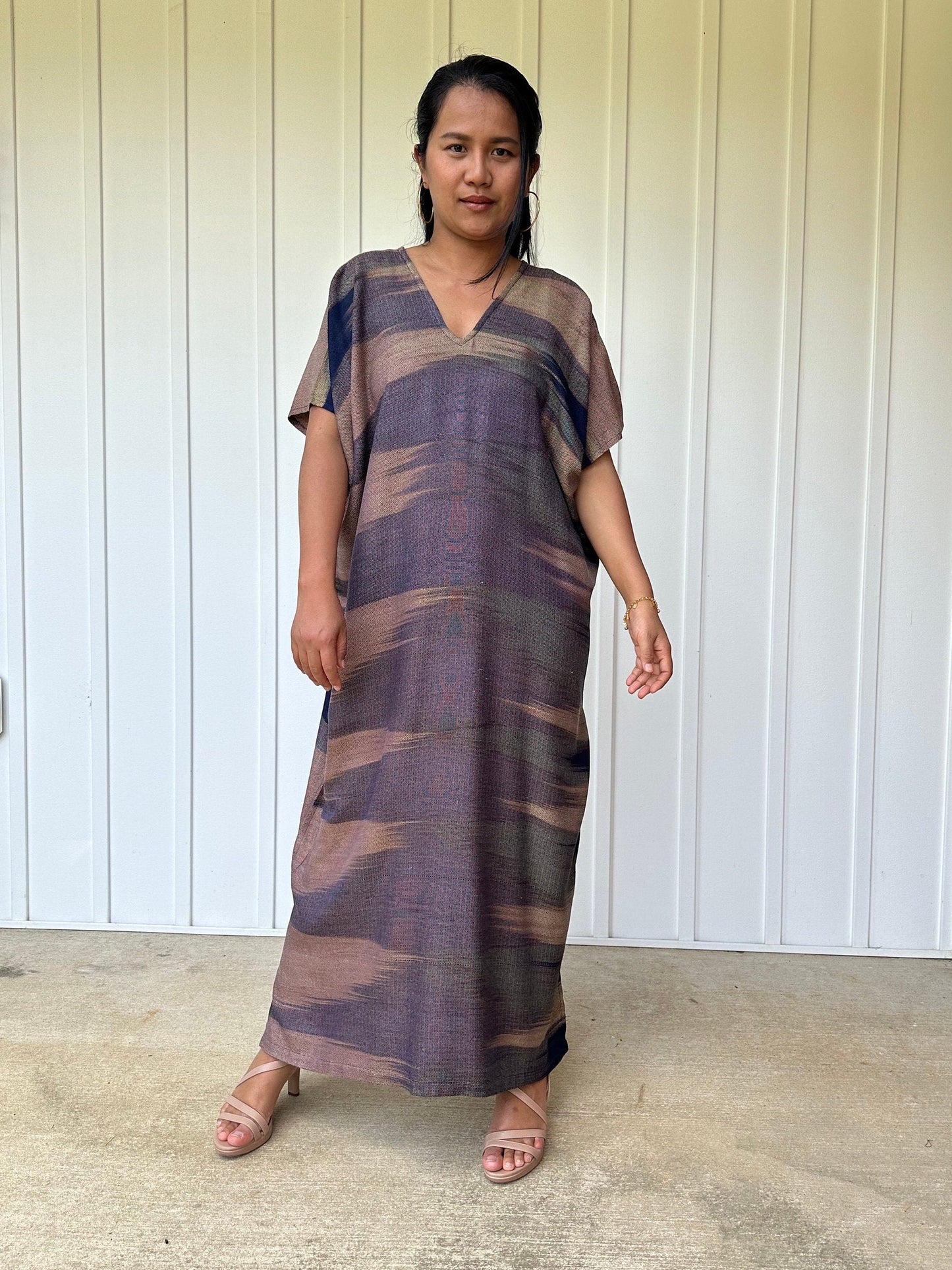 MALA handworks Ikat Hand Woven Pattern Kaftan in Indigo Blue and Earth Tones