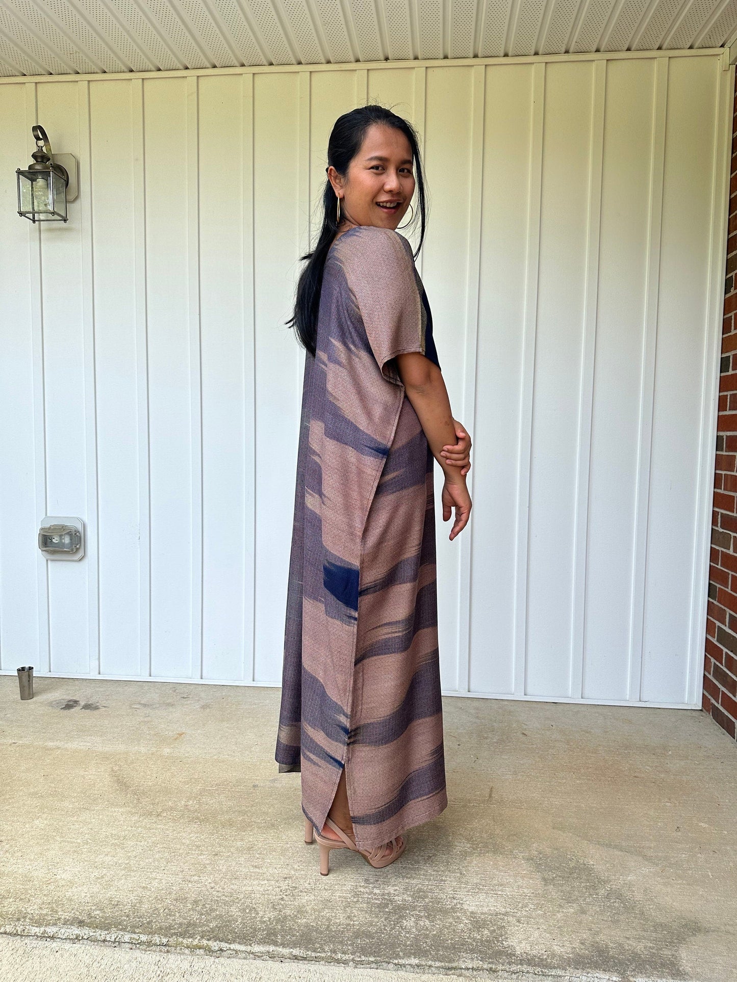 MALA handworks Ikat Hand Woven Pattern Kaftan in Indigo Blue and Earth Tones